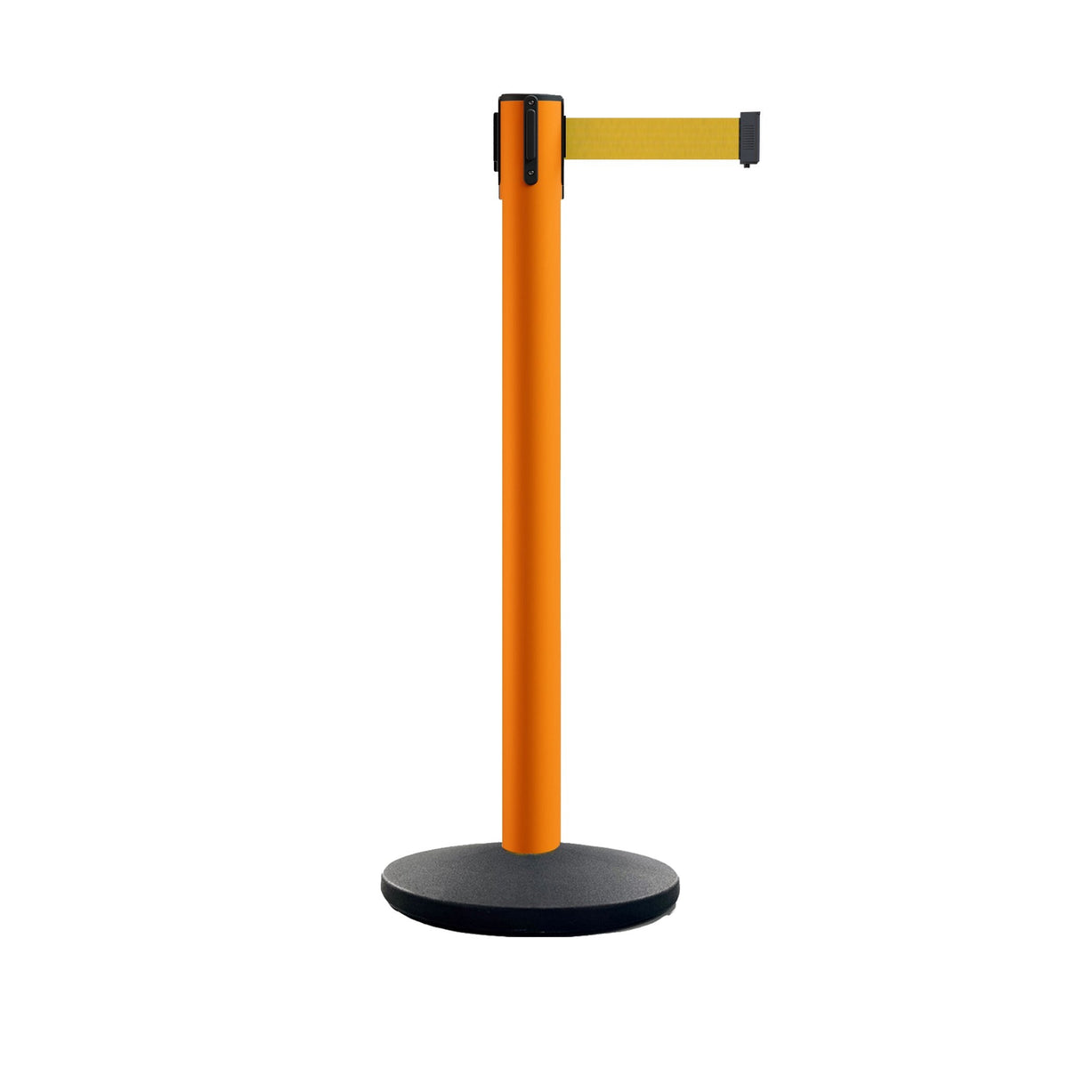 Retractable Belt Barrier Stanchion, Polished Brass Post with Heavy Duty Cast Iron Base, 14 ft Belt – Montour Line MI650 - Crowd Control Warehouse