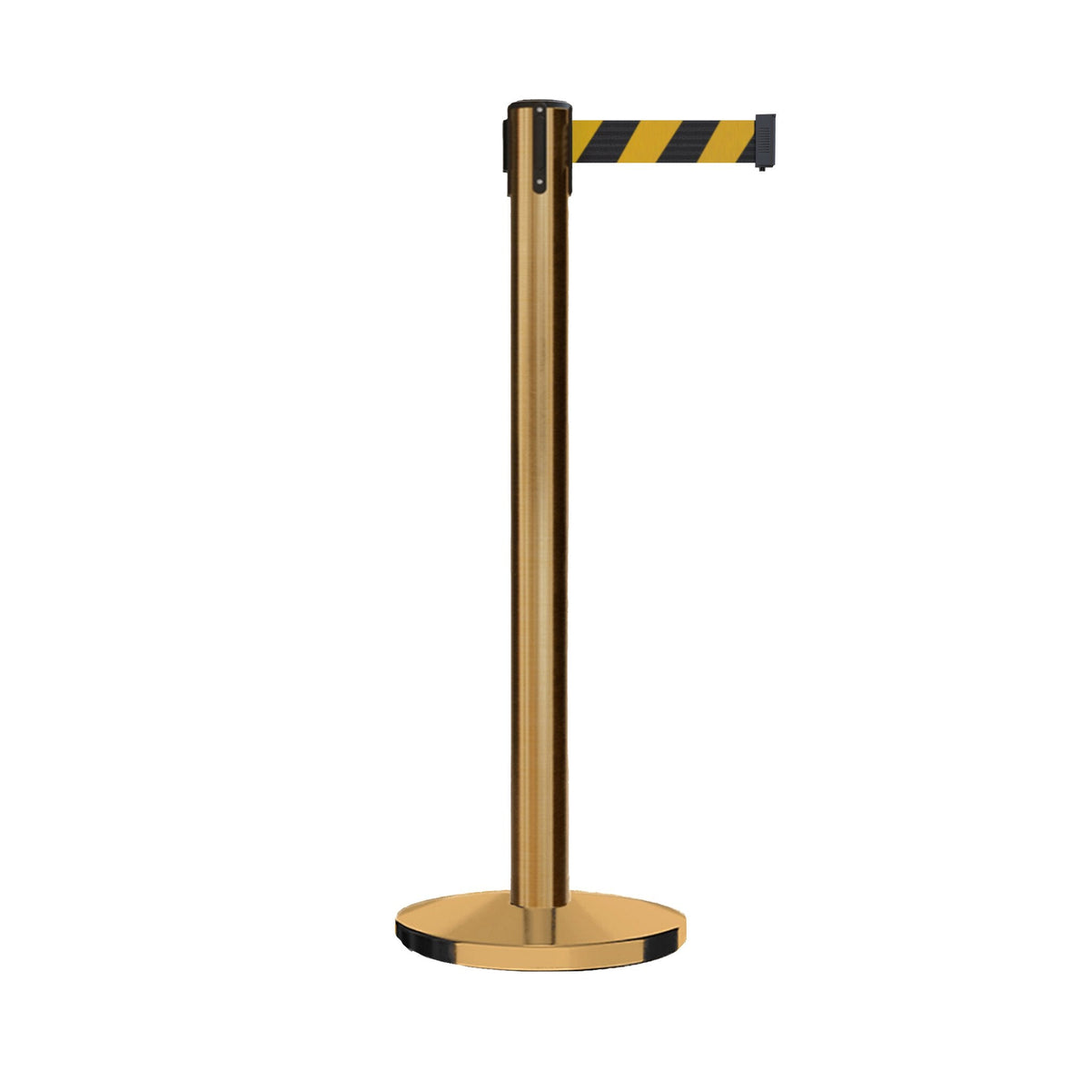 Retractable Belt Barrier Stanchion, Polished Brass Post with Heavy Duty Cast Iron Base, 14 ft Belt – Montour Line MI650 - Crowd Control Warehouse