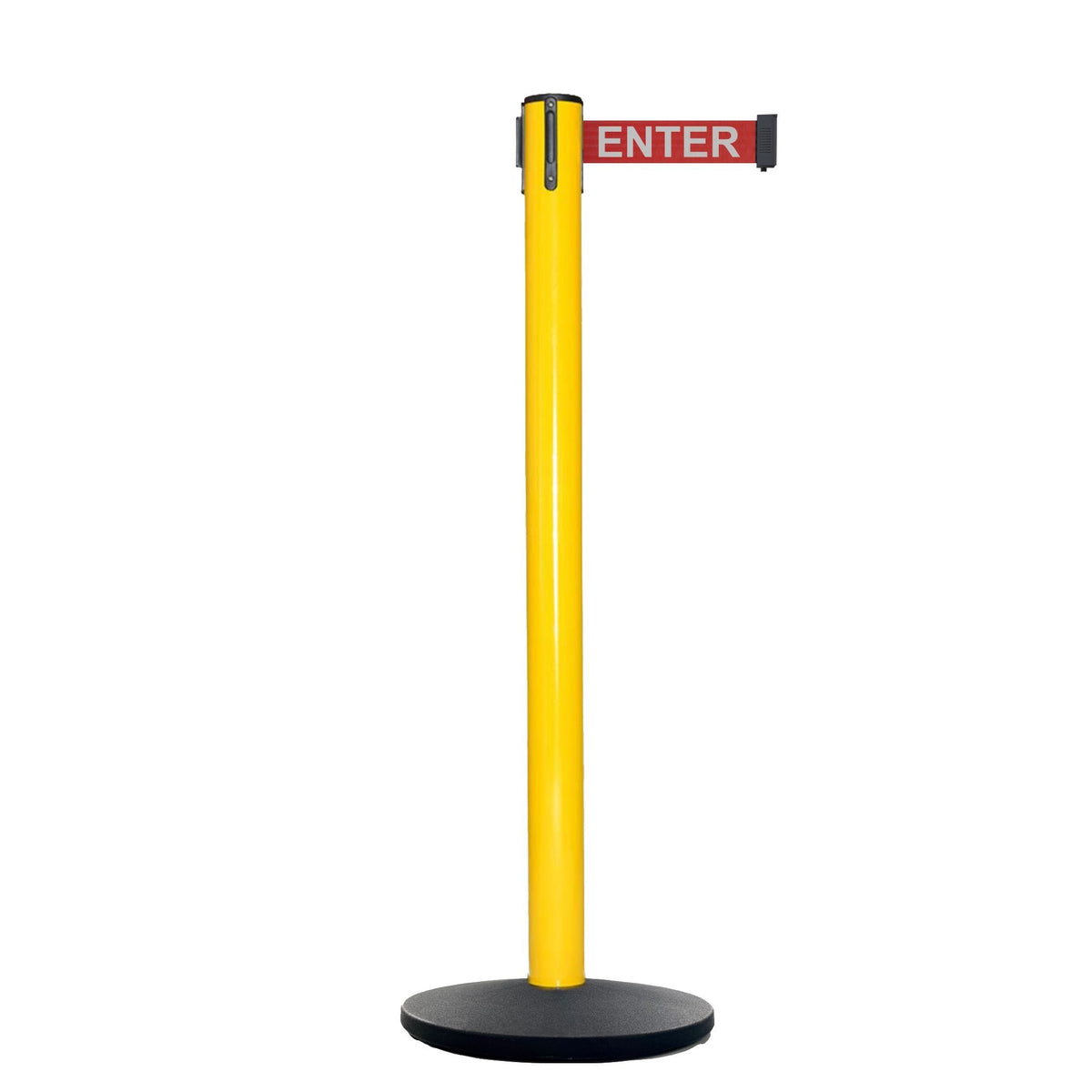 Retractable Belt Barrier Stanchion, Polished Brass Post with Heavy Duty Cast Iron Base, 16 ft Belt – Montour Line MI650 - Crowd Control Warehouse