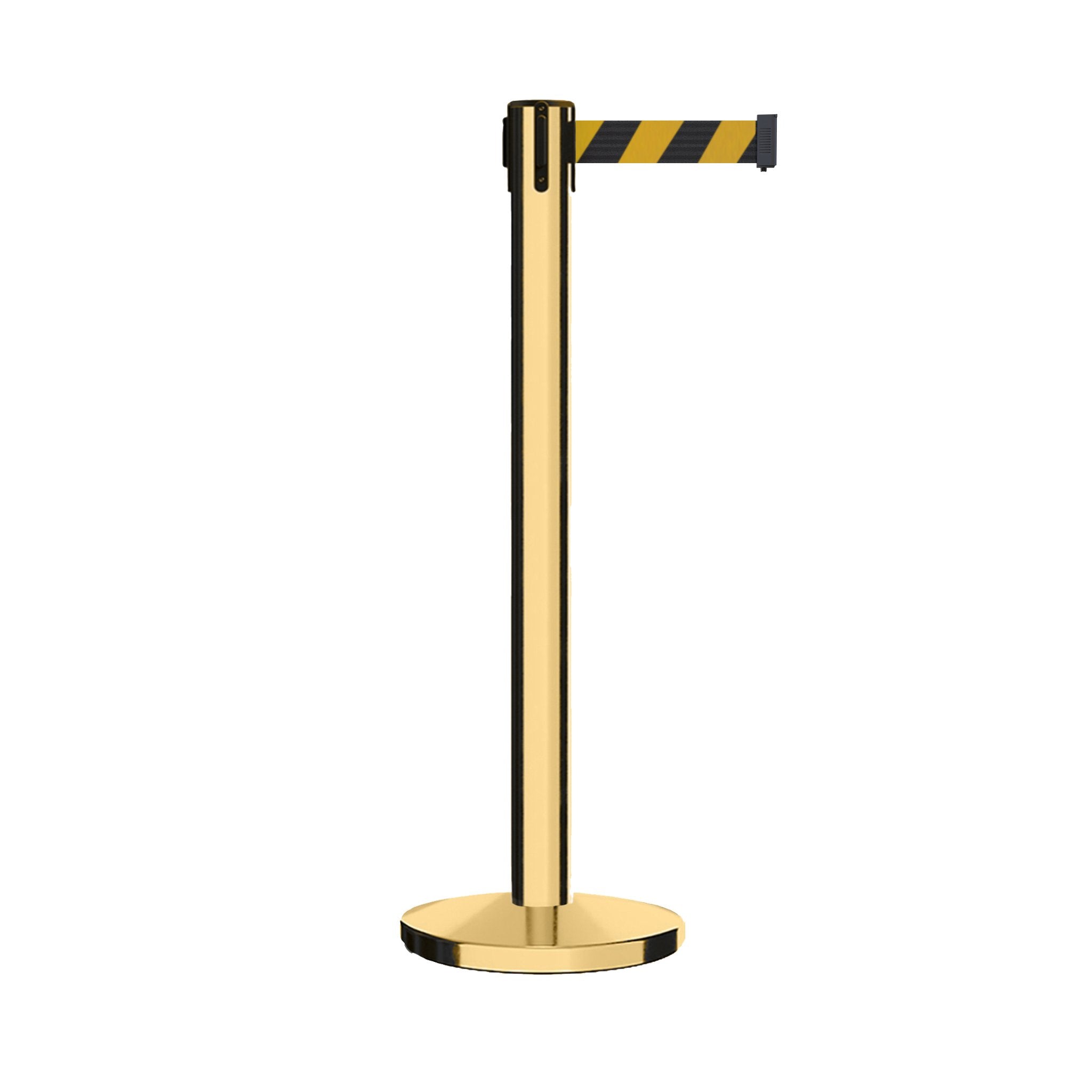 Retractable Belt Barrier Stanchion, Polished Brass Post with Heavy Duty Cast Iron Base, 16 ft Belt – Montour Line MI650 - Crowd Control Warehouse