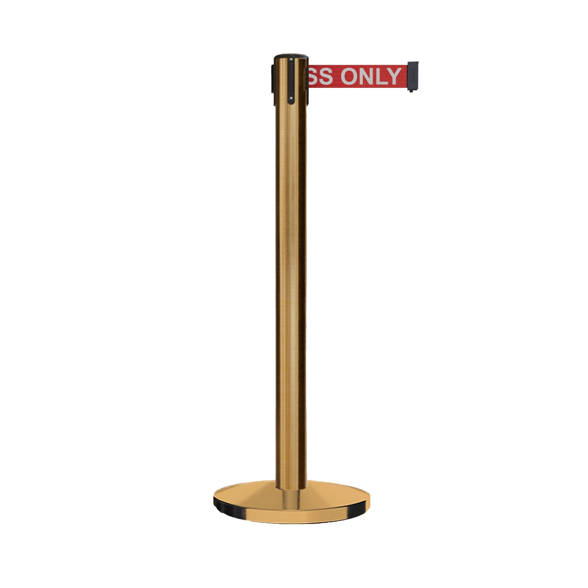 Retractable Belt Barrier Stanchion, Polished Brass Post with Heavy Duty Cast Iron Base, 16 ft Belt – Montour Line MI650 - Crowd Control Warehouse