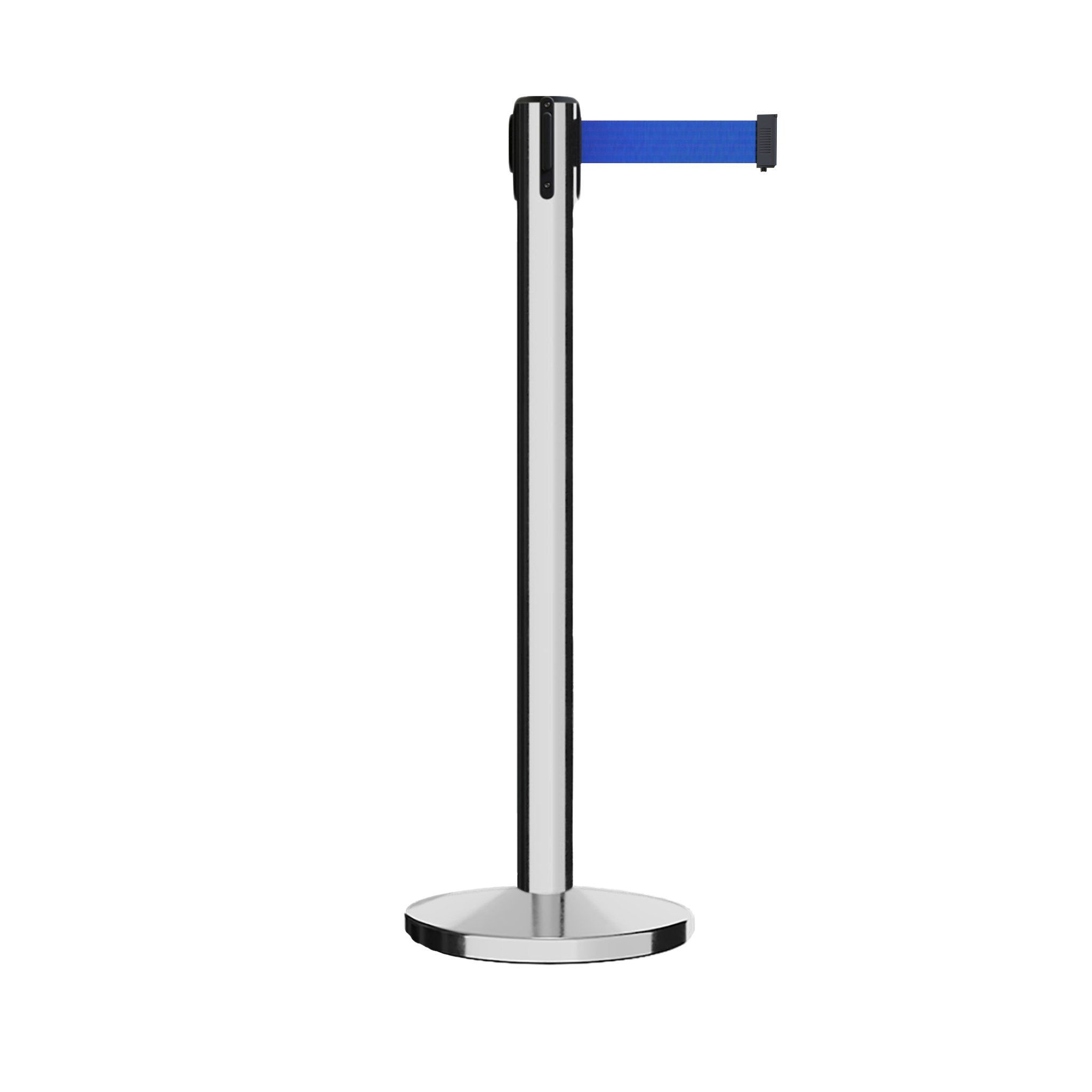 Retractable Belt Barrier Stanchion, Polished Brass Post with Heavy Duty Cast Iron Base, 16 ft Belt – Montour Line MI650 - Crowd Control Warehouse