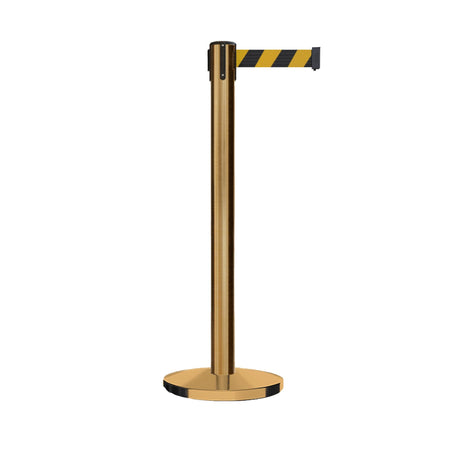 Retractable Belt Barrier Stanchion, Polished Brass Post with Heavy Duty Cast Iron Base, 16 ft Belt – Montour Line MI650 - Crowd Control Warehouse