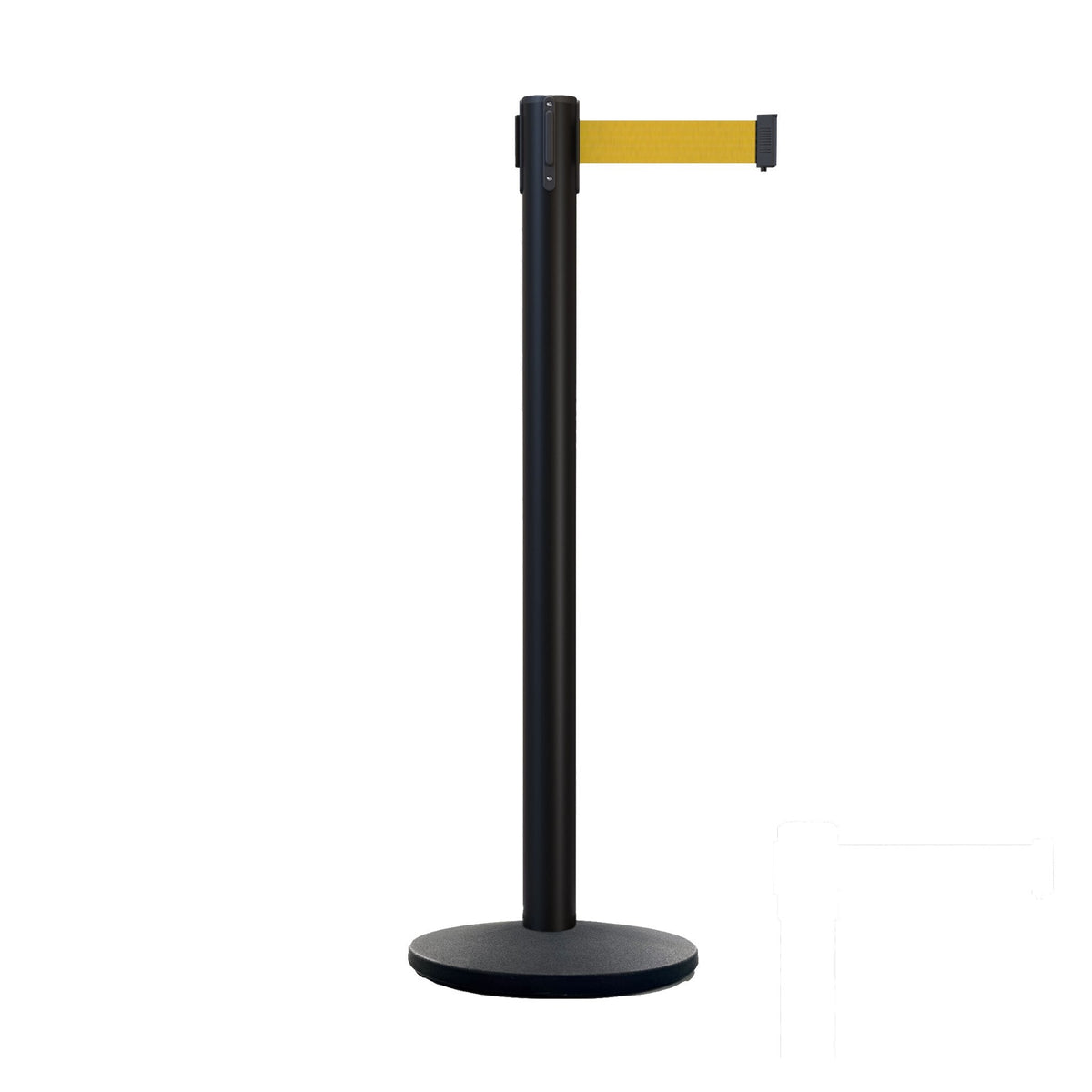Retractable Belt Barrier Stanchion, Polished Brass Post with Heavy Duty Cast Iron Base, 16 ft Belt – Montour Line MI650 - Crowd Control Warehouse
