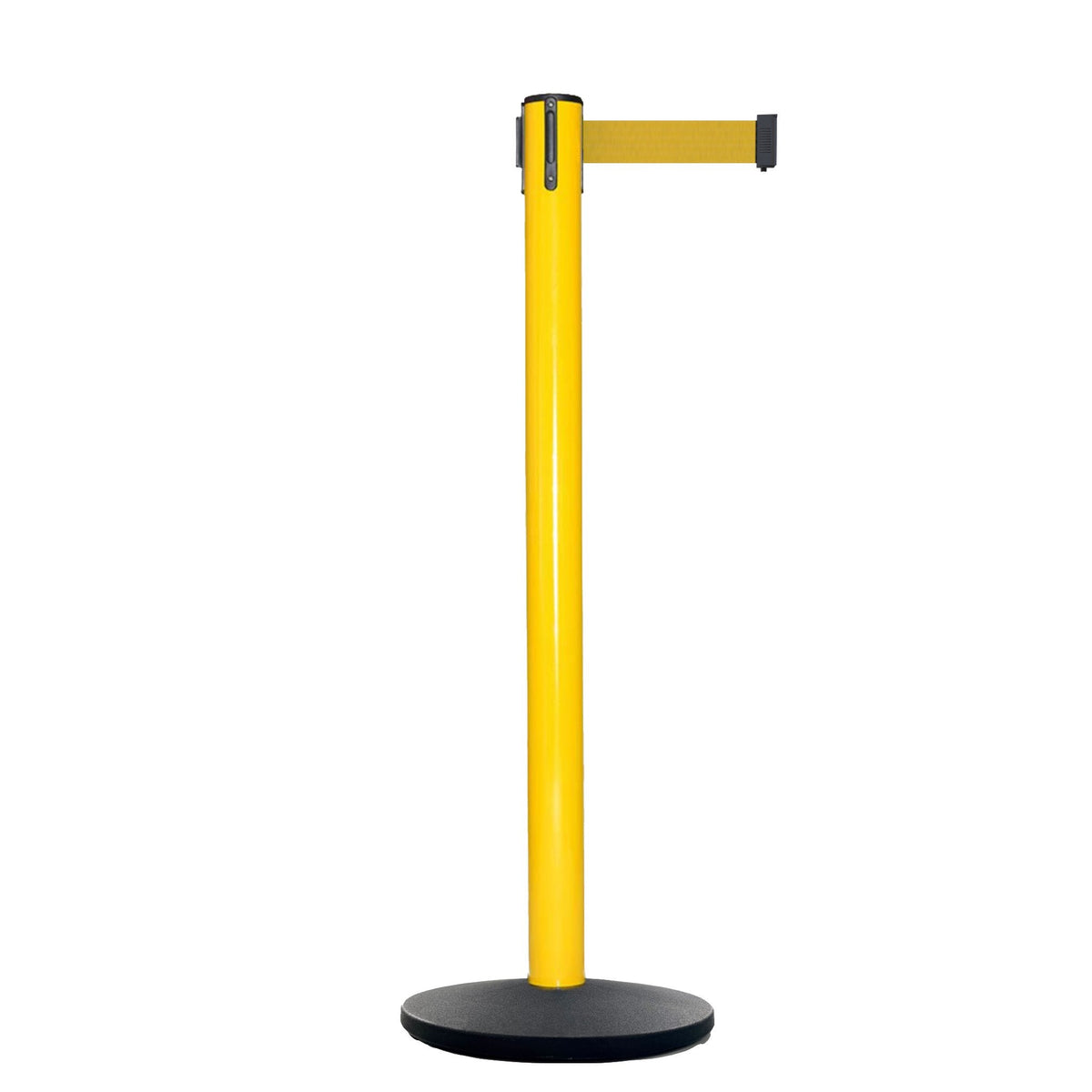 Retractable Belt Barrier Stanchion, Polished Brass Post with Heavy Duty Cast Iron Base, 16 ft Belt – Montour Line MI650 - Crowd Control Warehouse