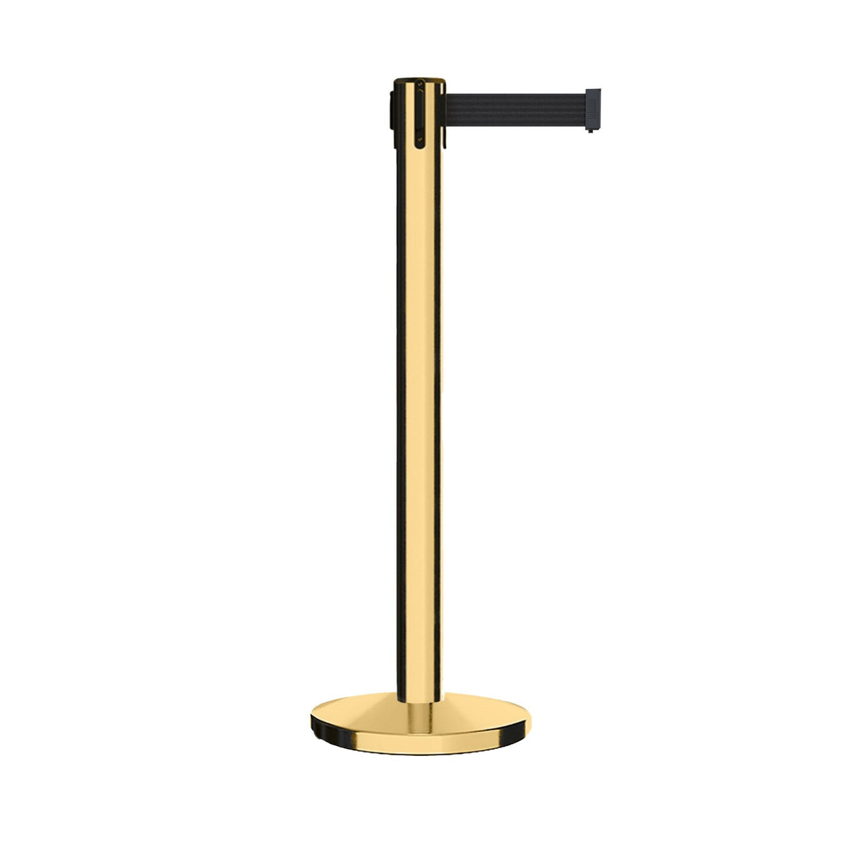 Retractable Belt Barrier Stanchion, Polished Brass Post with Heavy Duty Cast Iron Base, 16 ft Belt – Montour Line MI650 - Crowd Control Warehouse