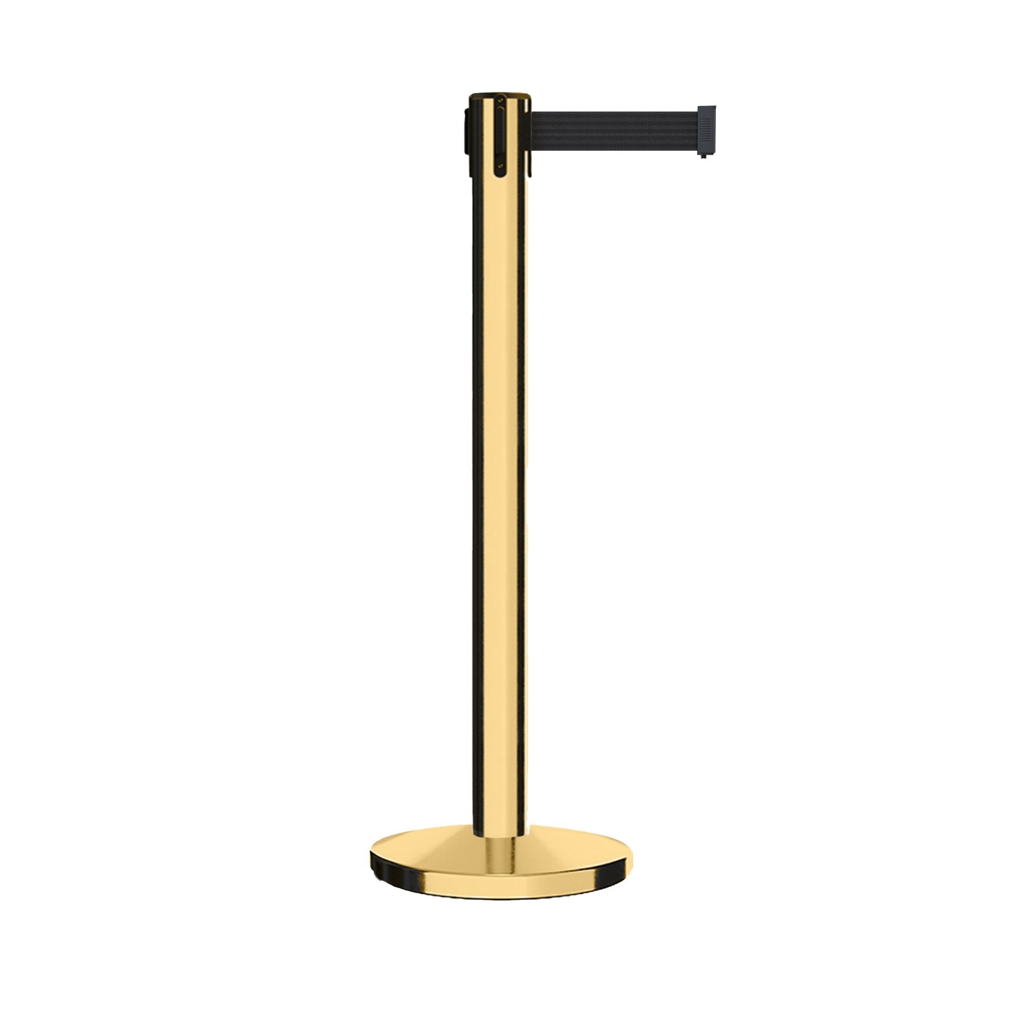 Retractable Belt Barrier Stanchion, Polished Brass Post with Heavy Duty Cast Iron Base, 16 ft Belt – Montour Line MI650 - Crowd Control Warehouse