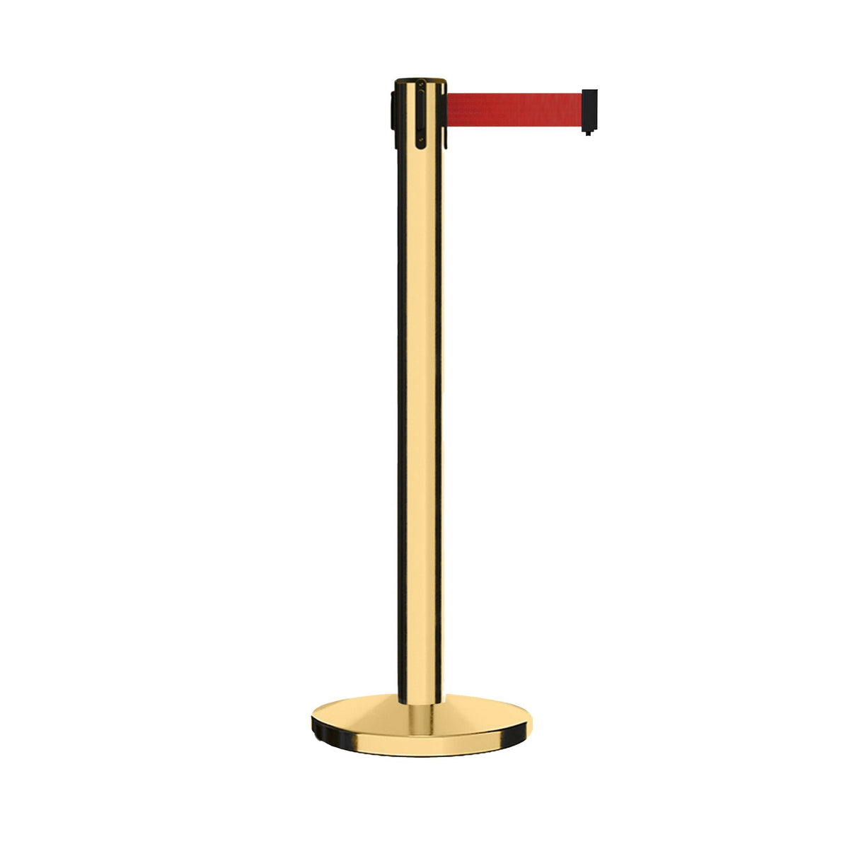 Retractable Belt Barrier Stanchion, Polished Brass Post with Heavy Duty Cast Iron Base, 16 ft Belt – Montour Line MI650 - Crowd Control Warehouse
