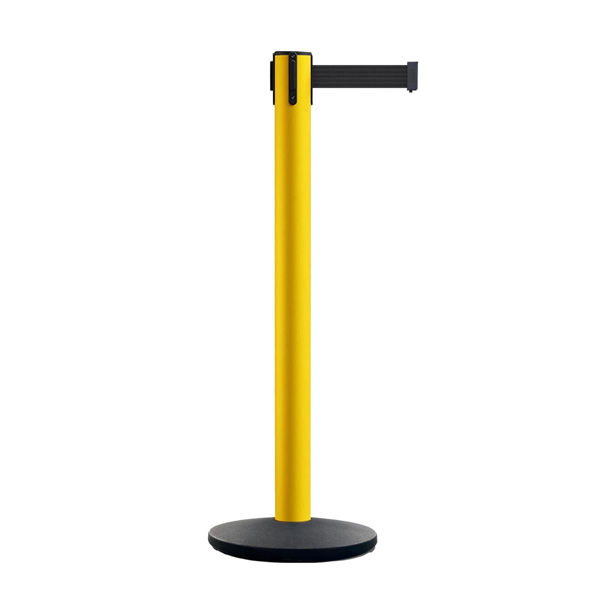 Retractable Belt Barrier Stanchion, Polished Brass Post with Heavy Duty Cast Iron Base, 16 ft Belt – Montour Line MI650 - Crowd Control Warehouse