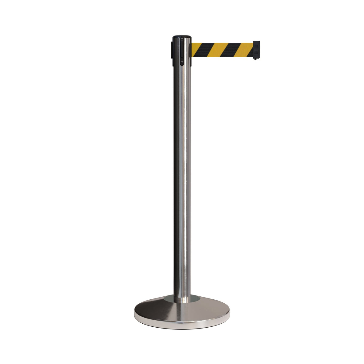 Retractable Belt Barrier Stanchion, Polished Stainless Post, 7.5 Ft. Belt - CCW Series RBB - 100 - Crowd Control Warehouse