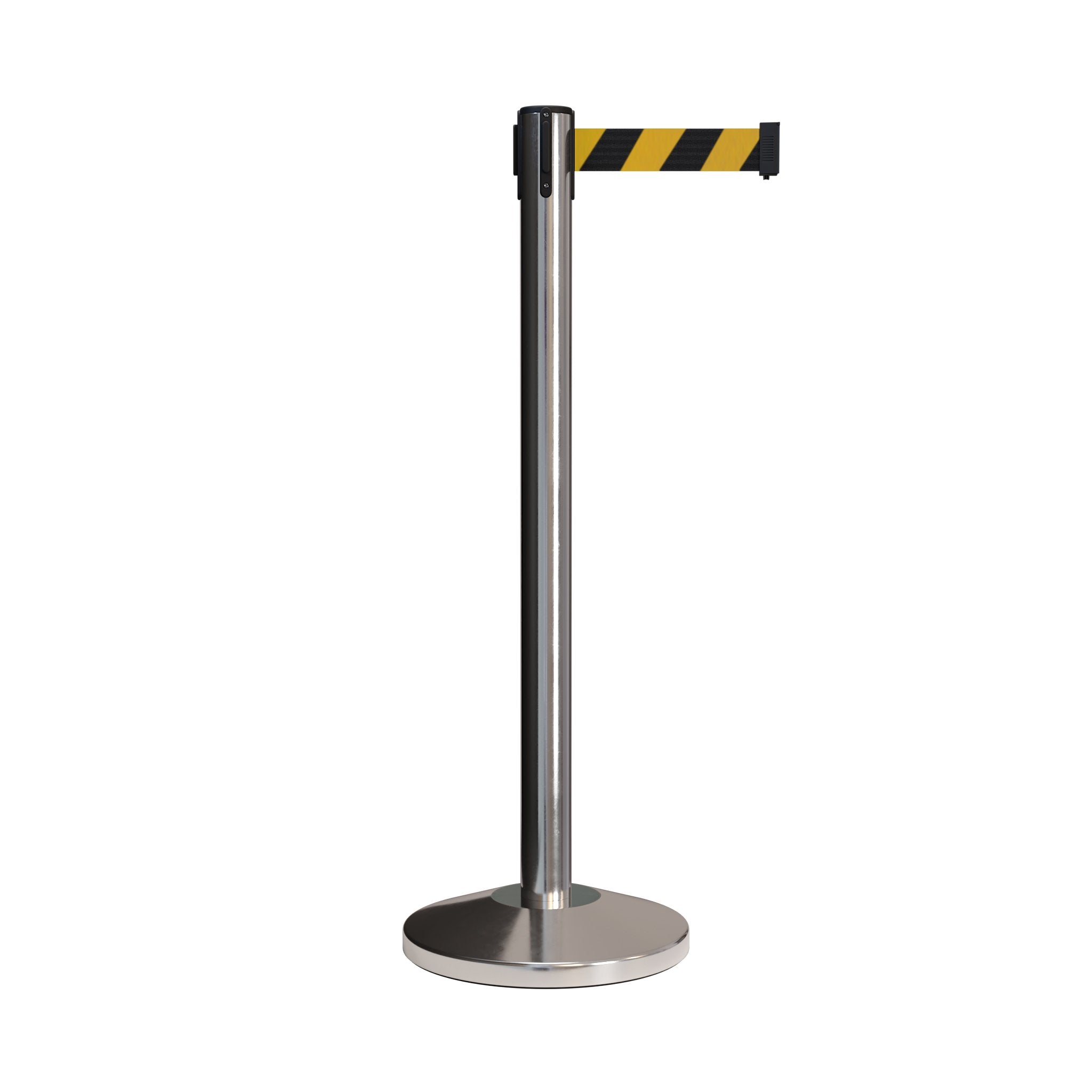 Retractable Belt Barrier Stanchion, Polished Stainless Post, 7.5 Ft. Belt - CCW Series RBB - 100 - Crowd Control Warehouse