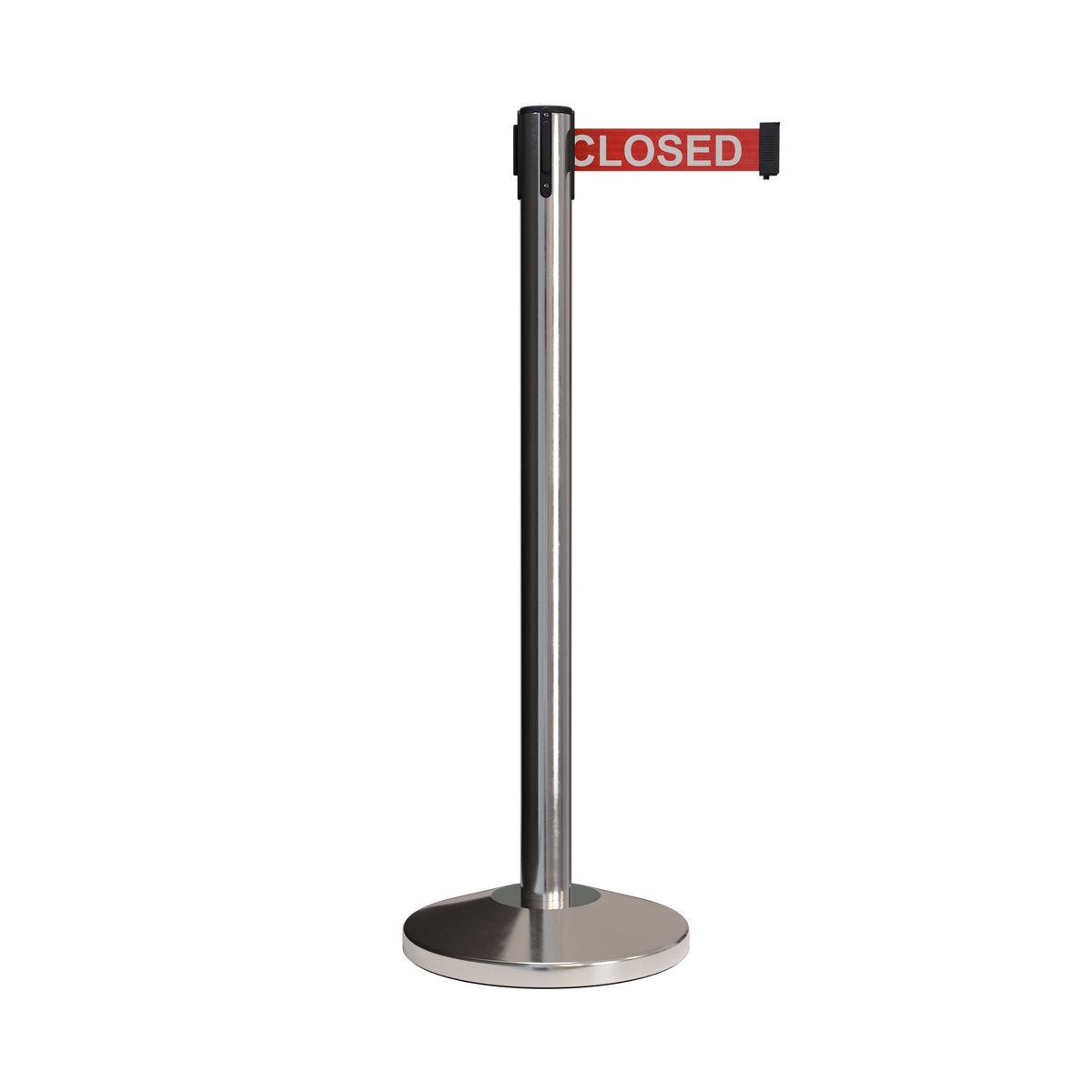 Retractable Belt Barrier Stanchion, Polished Stainless Post, 7.5 Ft. Belt - CCW Series RBB - 100 - Crowd Control Warehouse