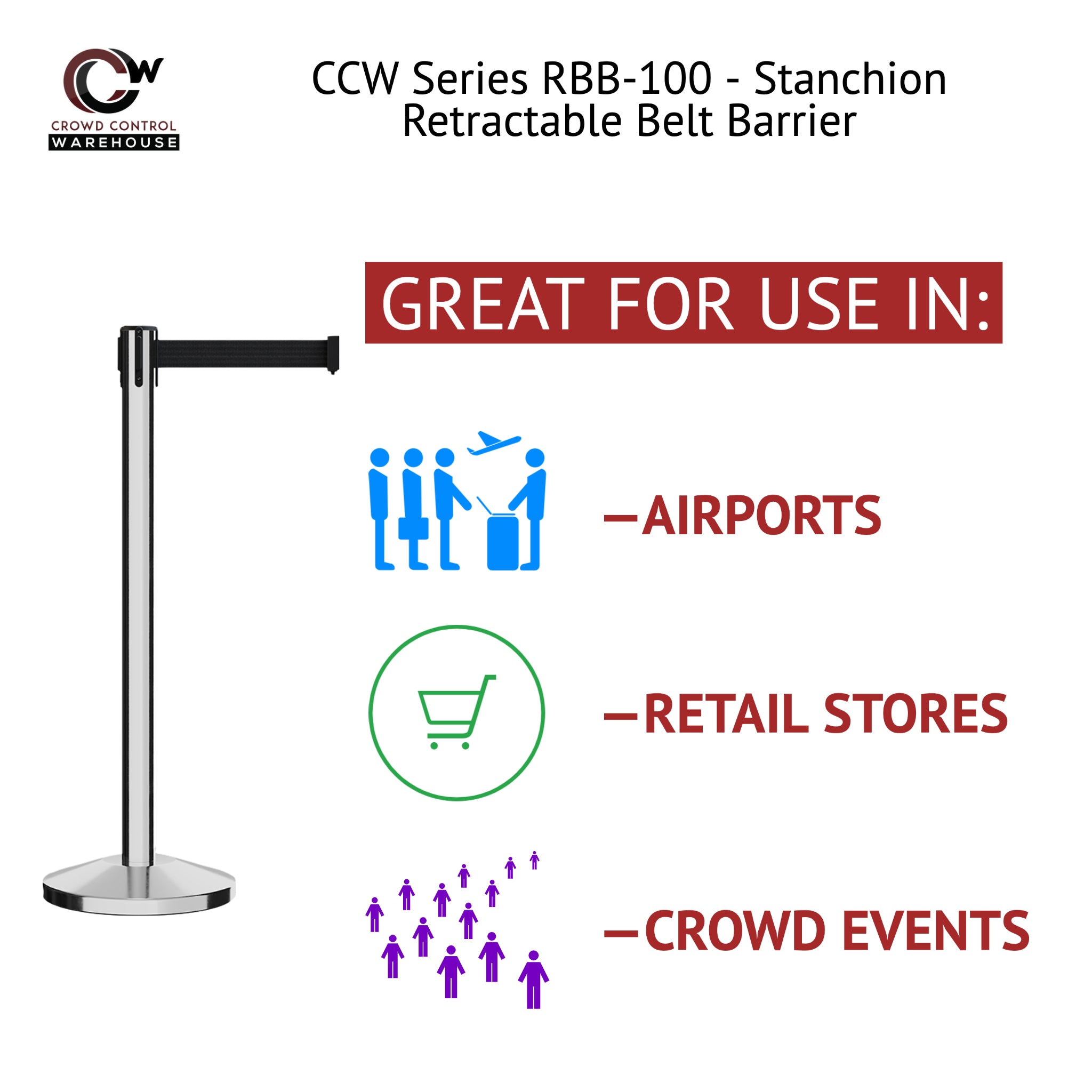 Retractable Belt Barrier Stanchion, Polished Stainless Post, 7.5 Ft. Belt - CCW Series RBB - 100 - Crowd Control Warehouse