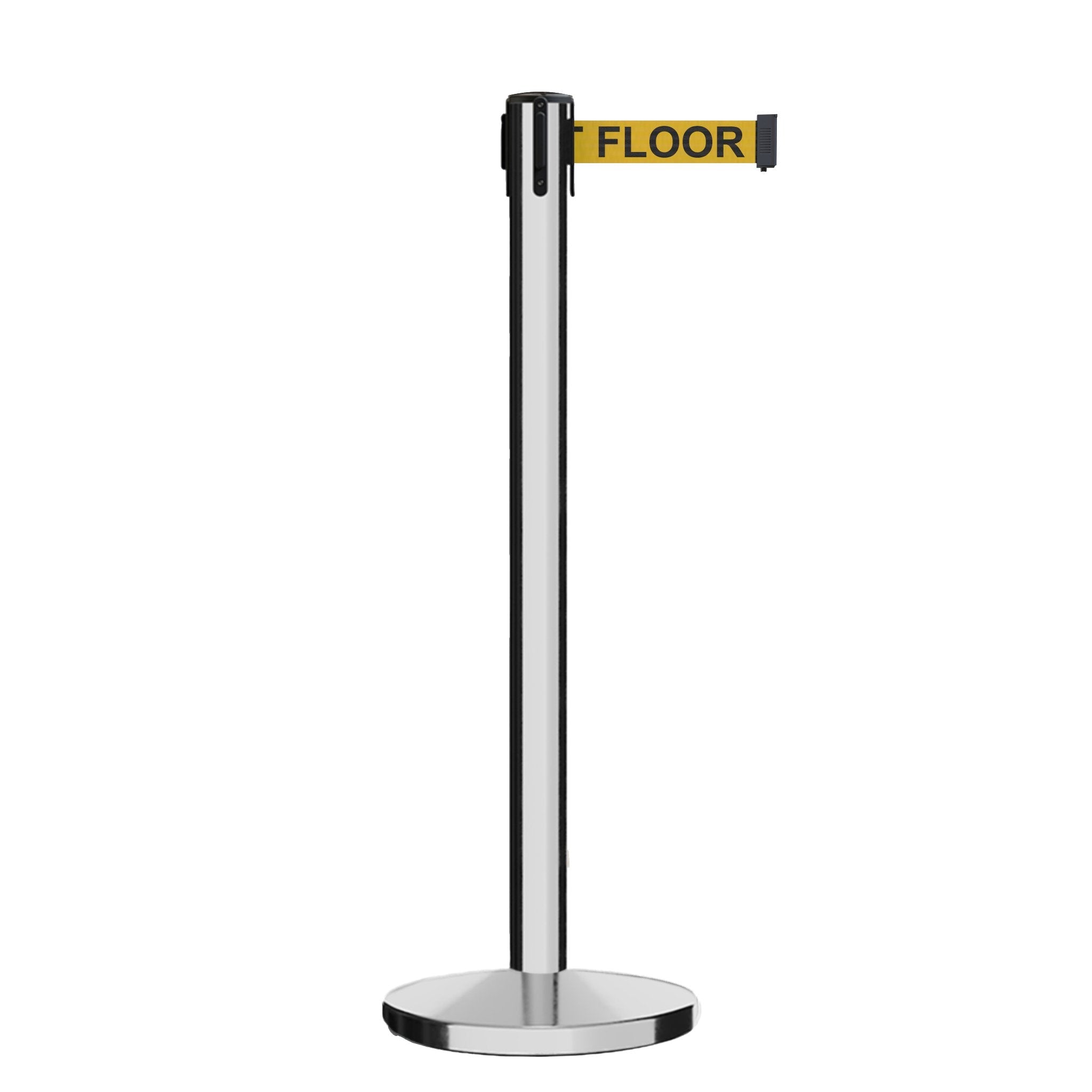 Retractable Belt Barrier Stanchion, Polished Stainless Steel Post, Cast Iron Base, 11 Ft. Belt - Montour Line MI630 - Crowd Control Warehouse