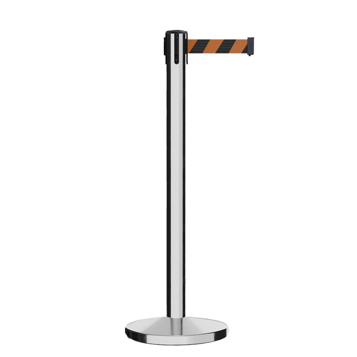 Retractable Belt Barrier Stanchion, Polished Stainless Steel Post, Cast Iron Base, 11 Ft. Belt - Montour Line MI630 - Crowd Control Warehouse