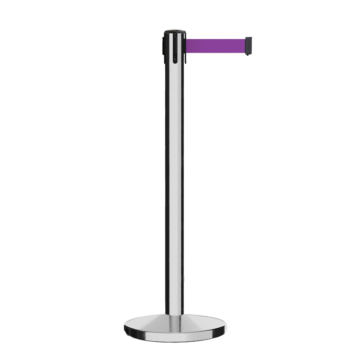 Retractable Belt Barrier Stanchion, Polished Stainless Steel Post, Cast Iron Base, 11 Ft. Belt - Montour Line MI630 - Crowd Control Warehouse