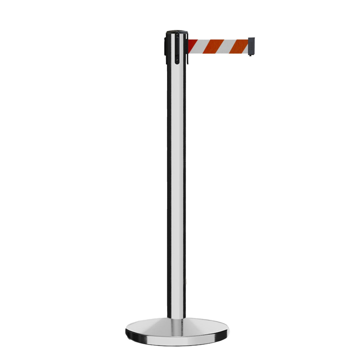 Retractable Belt Barrier Stanchion, Polished Stainless Steel Post, Cast Iron Base, 11 Ft. Belt - Montour Line MI630 - Crowd Control Warehouse