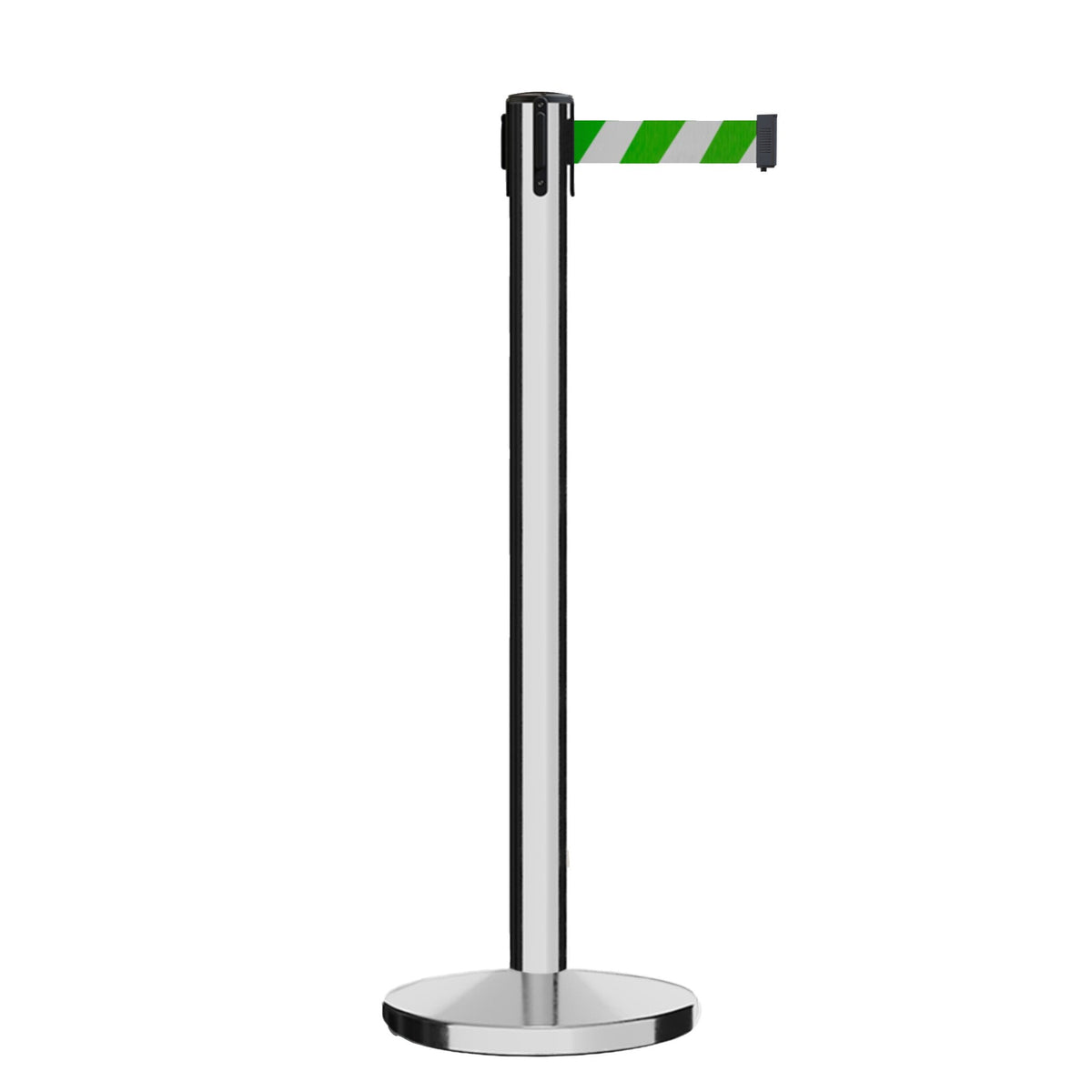 Retractable Belt Barrier Stanchion, Polished Stainless Steel Post, Cast Iron Base, 11 Ft. Belt - Montour Line MI630 - Crowd Control Warehouse