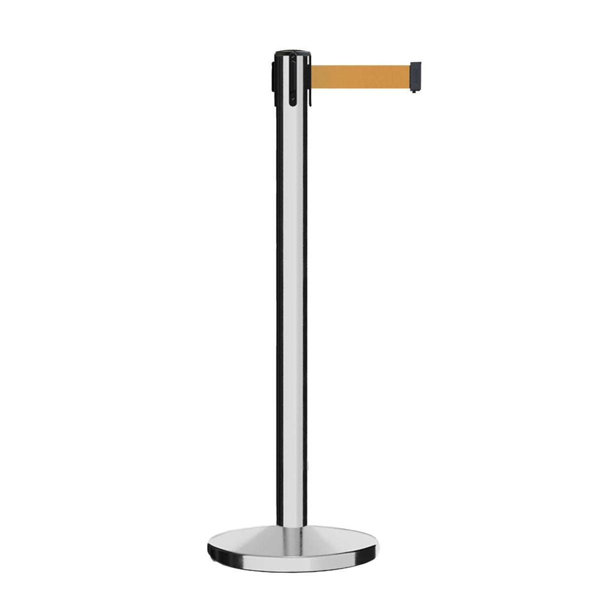 Retractable Belt Barrier Stanchion, Polished Stainless Steel Post, Cast Iron Base, 11 Ft. Belt - Montour Line MI630 - Crowd Control Warehouse