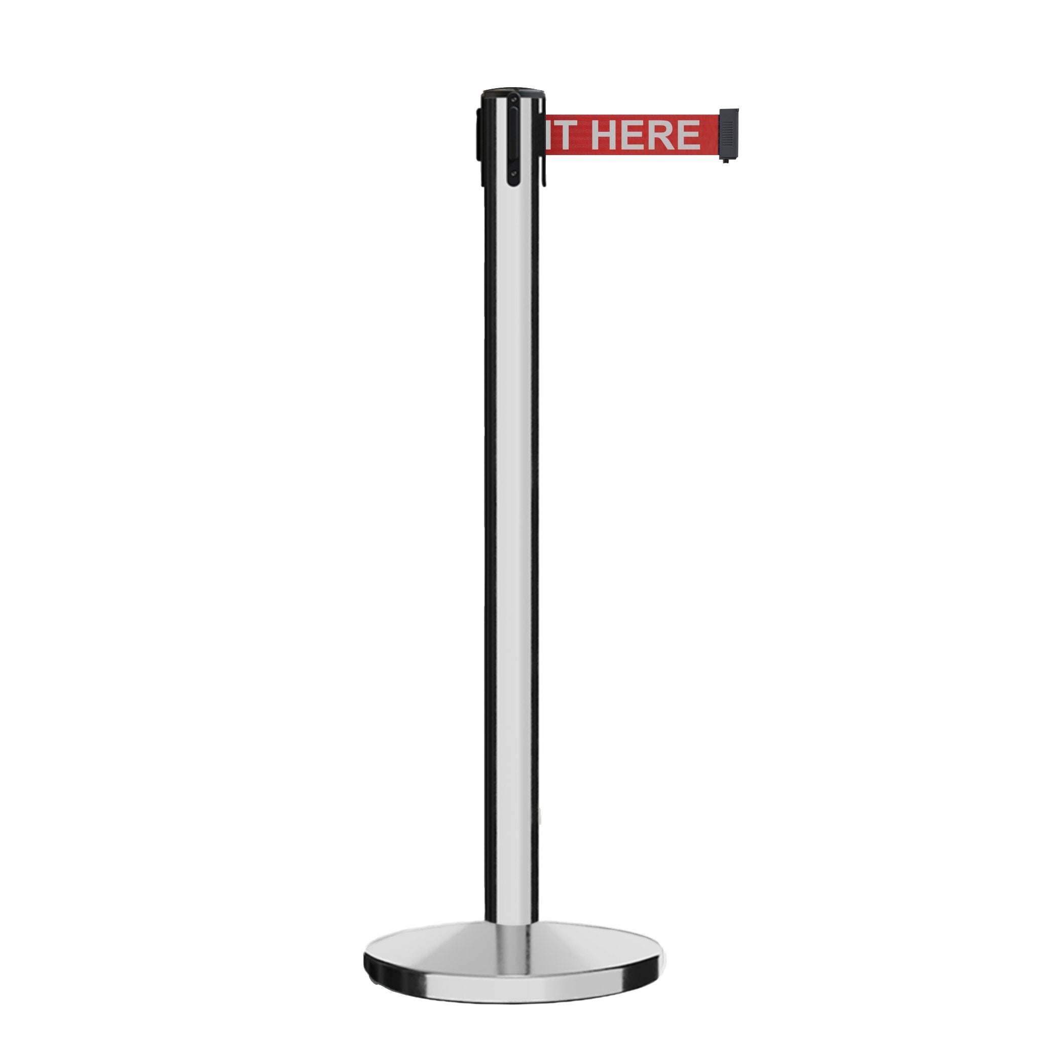 Retractable Belt Barrier Stanchion, Polished Stainless Steel Post, Cast Iron Base, 11 Ft. Belt - Montour Line MI630 - Crowd Control Warehouse