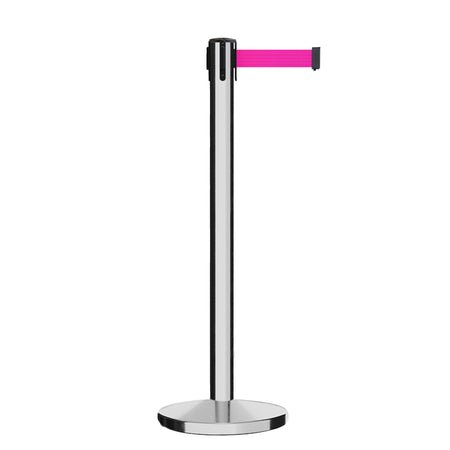 Retractable Belt Barrier Stanchion, Polished Stainless Steel Post, Cast Iron Base, 11 Ft. Belt - Montour Line MI630 - Crowd Control Warehouse