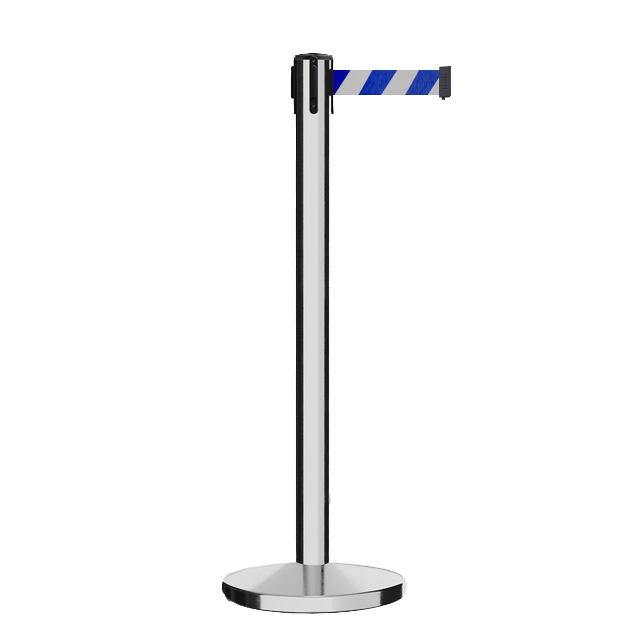 Retractable Belt Barrier Stanchion, Polished Stainless Steel Post, Cast Iron Base, 11 Ft. Belt - Montour Line MI630 - Crowd Control Warehouse