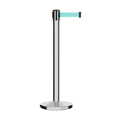 Retractable Belt Barrier Stanchion, Polished Stainless Steel Post, Cast Iron Base, 13 Ft. Belt - Montour Line MI630 - Crowd Control Warehouse