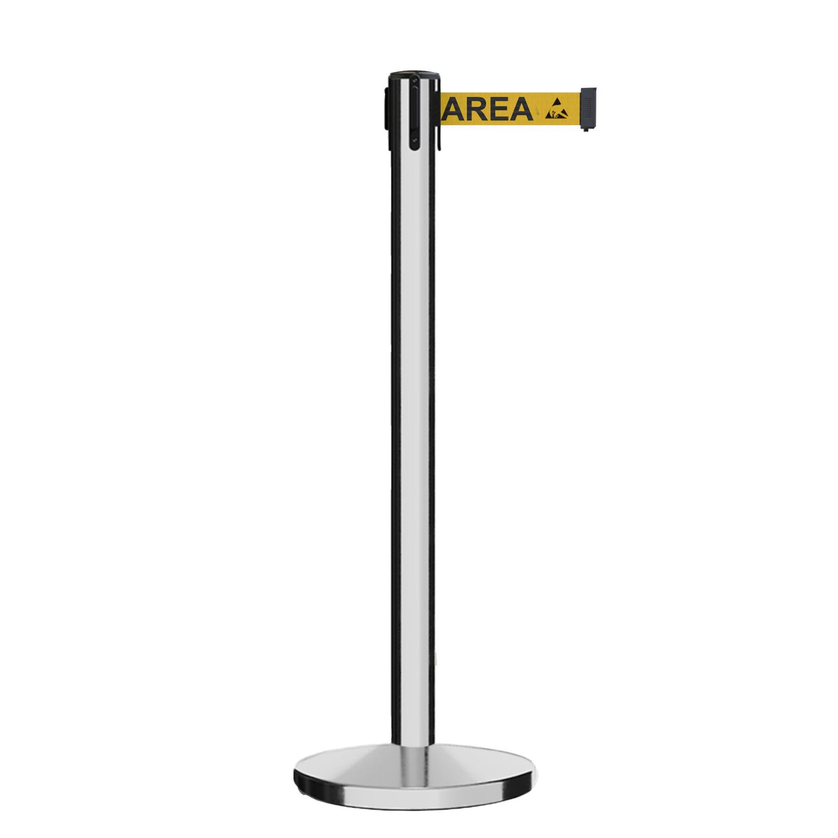 Retractable Belt Barrier Stanchion, Polished Stainless Steel Post, Cast Iron Base, 13 Ft. Belt - Montour Line MI630 - Crowd Control Warehouse