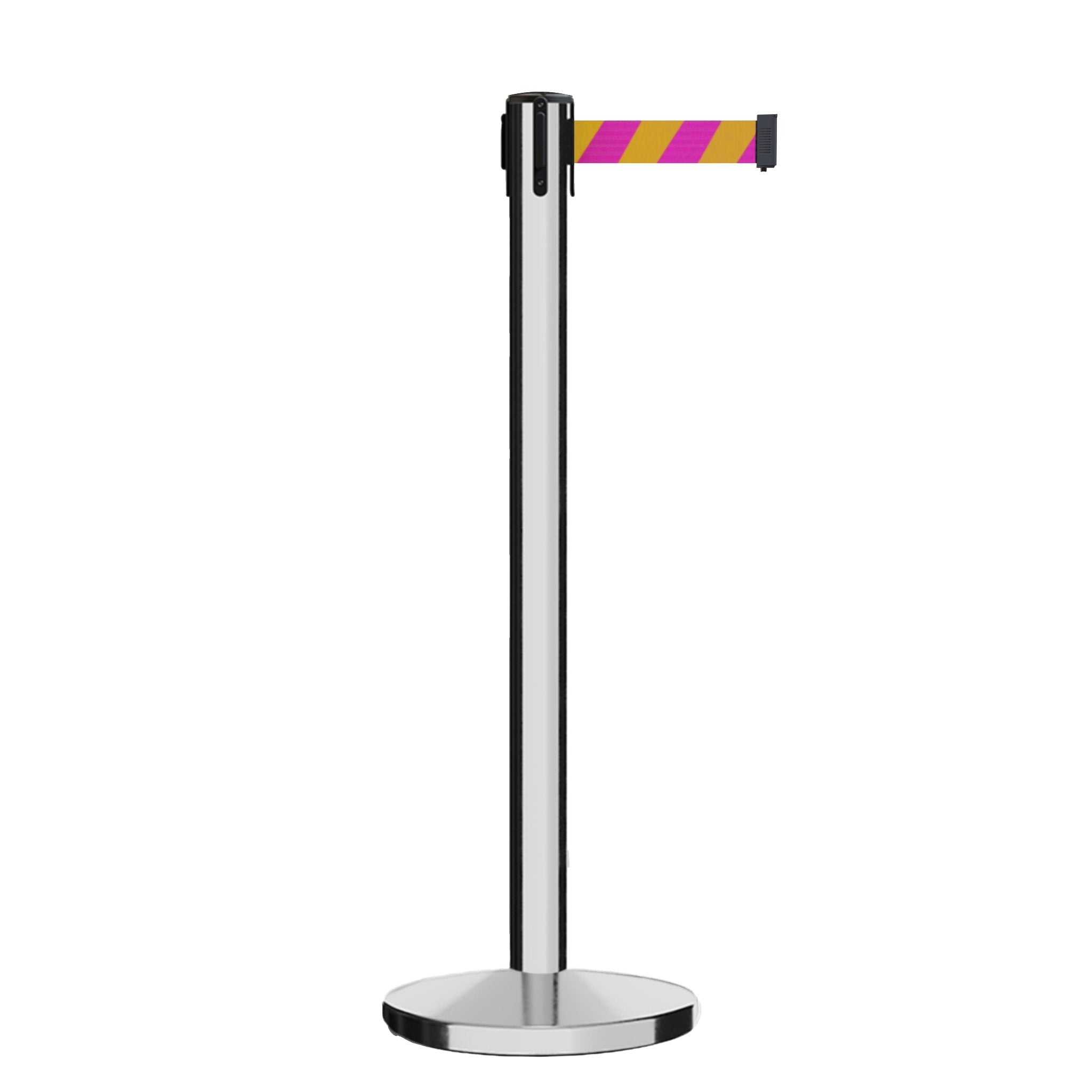 Retractable Belt Barrier Stanchion, Polished Stainless Steel Post, Cast Iron Base, 13 Ft. Belt - Montour Line MI630 - Crowd Control Warehouse