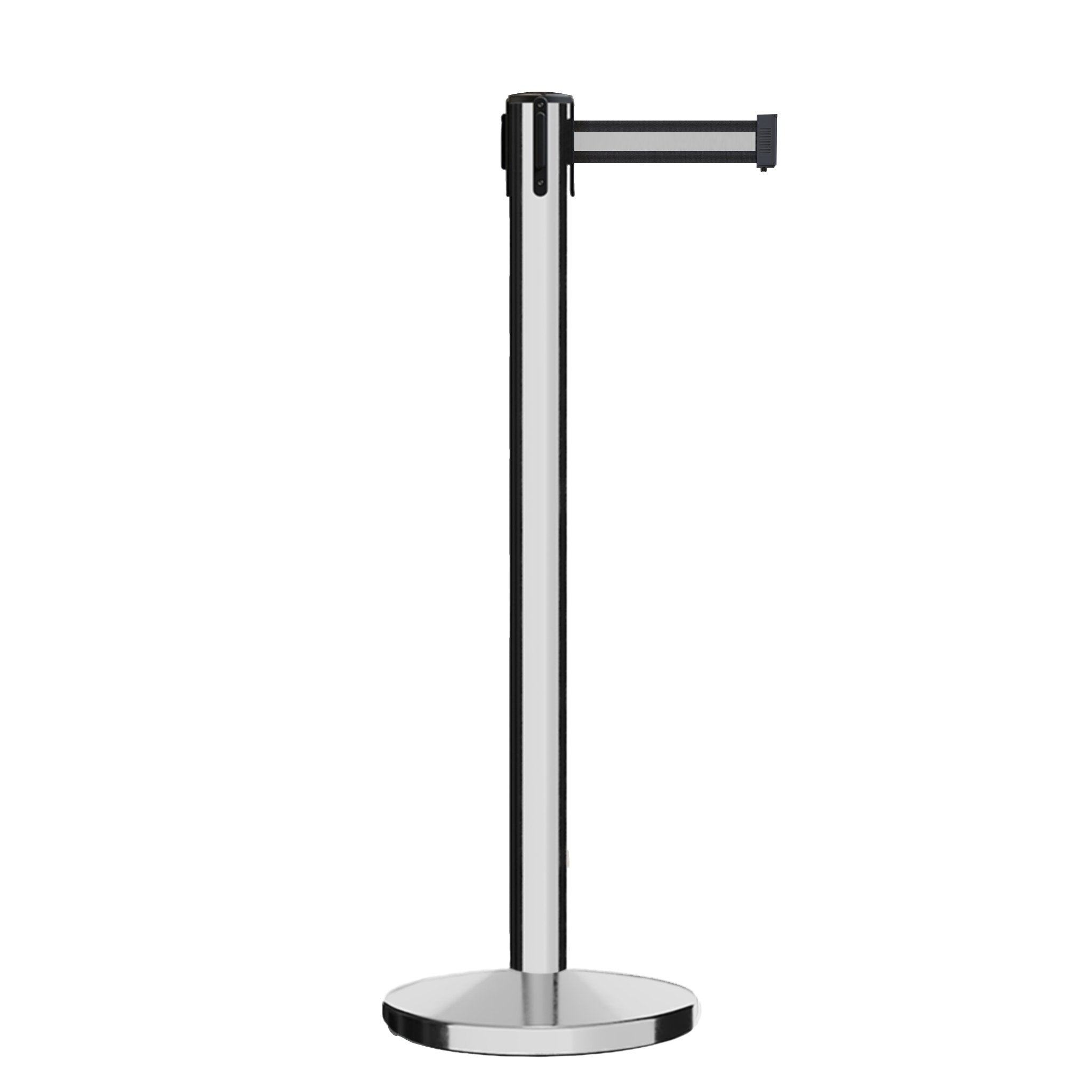 Retractable Belt Barrier Stanchion, Polished Stainless Steel Post, Cast Iron Base, 13 Ft. Belt - Montour Line MI630 - Crowd Control Warehouse