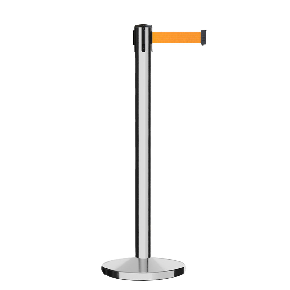 Retractable Belt Barrier Stanchion, Polished Stainless Steel Post, Cast Iron Base, 13 Ft. Belt - Montour Line MI630 - Crowd Control Warehouse