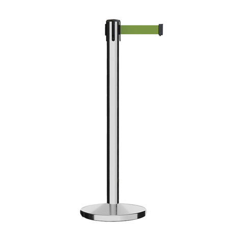 Retractable Belt Barrier Stanchion, Polished Stainless Steel Post, Cast Iron Base, 13 Ft. Belt - Montour Line MI630 - Crowd Control Warehouse