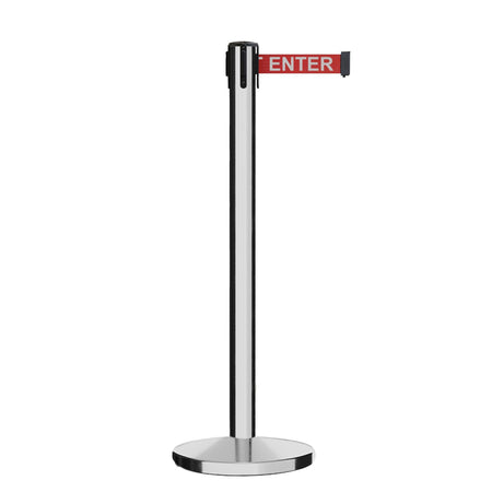 Retractable Belt Barrier Stanchion, Polished Stainless Steel Post, Cast Iron Base, 9 Ft. Belt - Montour Line MI630 - Crowd Control Warehouse