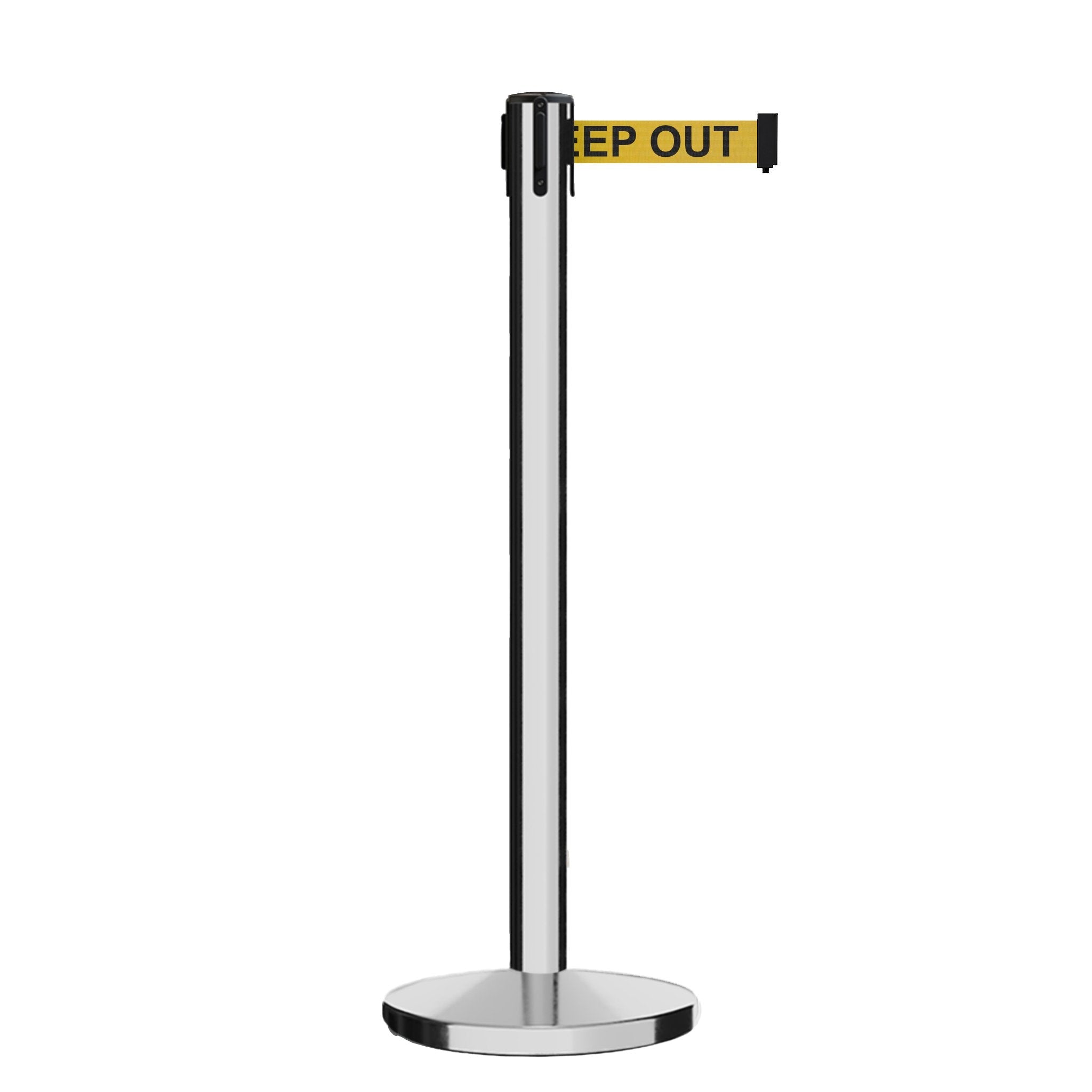Retractable Belt Barrier Stanchion, Polished Stainless Steel Post, Cast Iron Base, 9 Ft. Belt - Montour Line MI630 - Crowd Control Warehouse