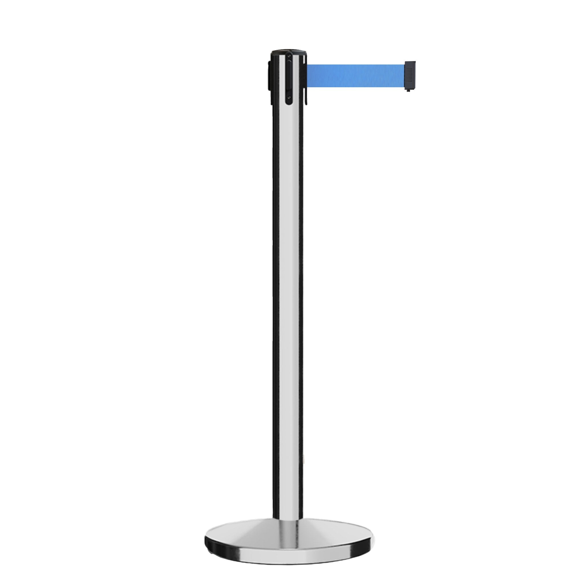 Retractable Belt Barrier Stanchion, Polished Stainless Steel Post, Cast Iron Base, 9 Ft. Belt - Montour Line MI630 - Crowd Control Warehouse