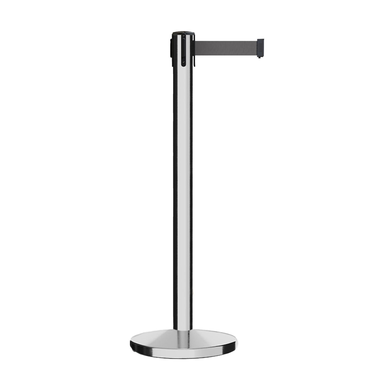 Retractable Belt Barrier Stanchion, Polished Stainless Steel Post, Cast Iron Base, 9 Ft. Belt - Montour Line MI630 - Crowd Control Warehouse
