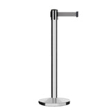 Retractable Belt Barrier Stanchion, Polished Stainless Steel Post, Cast Iron Base, 9 Ft. Belt - Montour Line MI630 - Crowd Control Warehouse