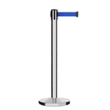 Retractable Belt Barrier Stanchion, Polished Stainless Steel Post, Cast Iron Base, 9 Ft. Belt - Montour Line MI630 - Crowd Control Warehouse