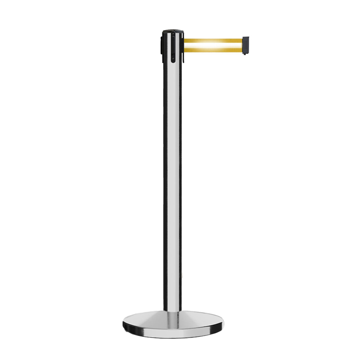 Retractable Belt Barrier Stanchion, Polished Stainless Steel Post, Cast Iron Base, 9 Ft. Belt - Montour Line MI630 - Crowd Control Warehouse