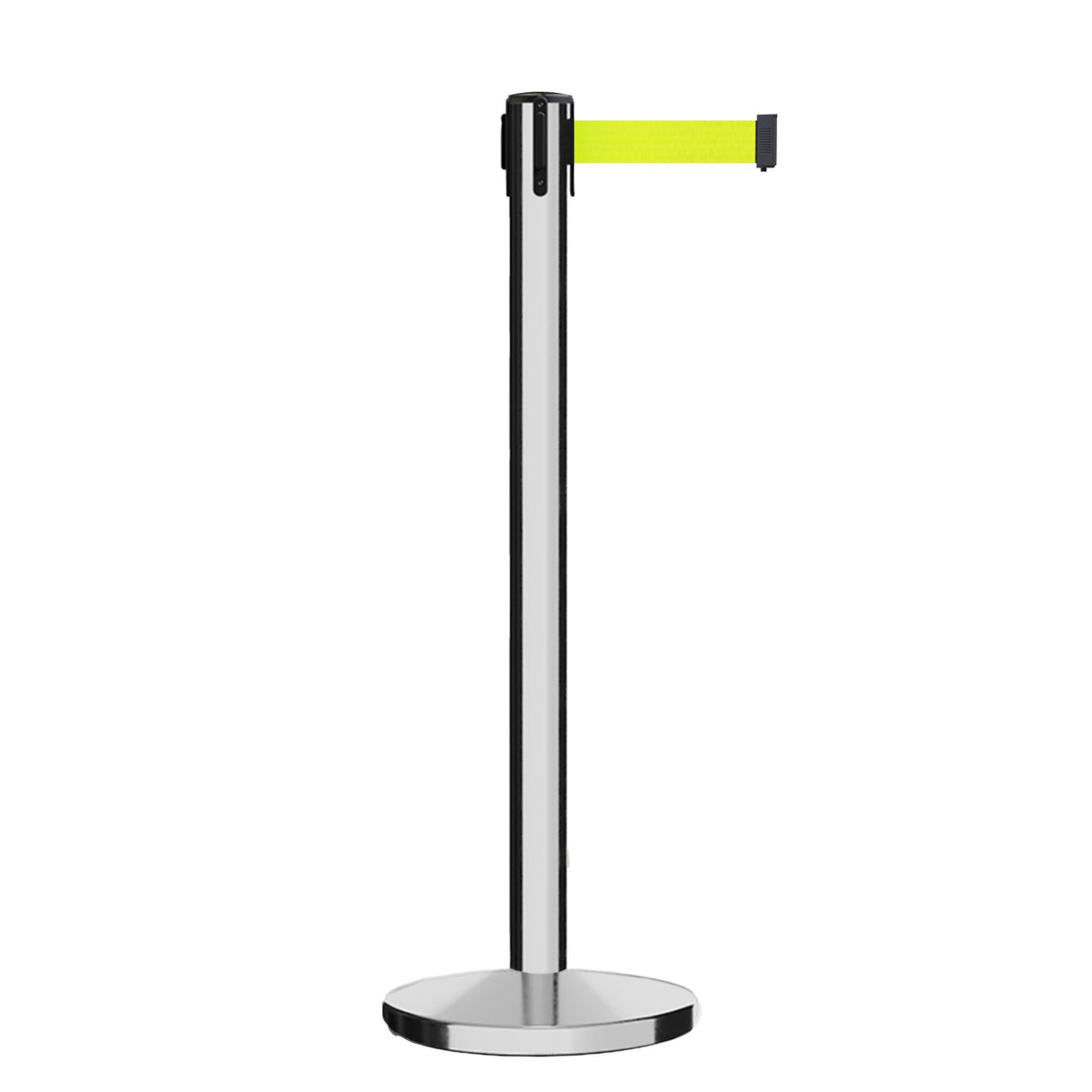 Retractable Belt Barrier Stanchion, Polished Stainless Steel Post, Cast Iron Base, 9 Ft. Belt - Montour Line MI630 - Crowd Control Warehouse