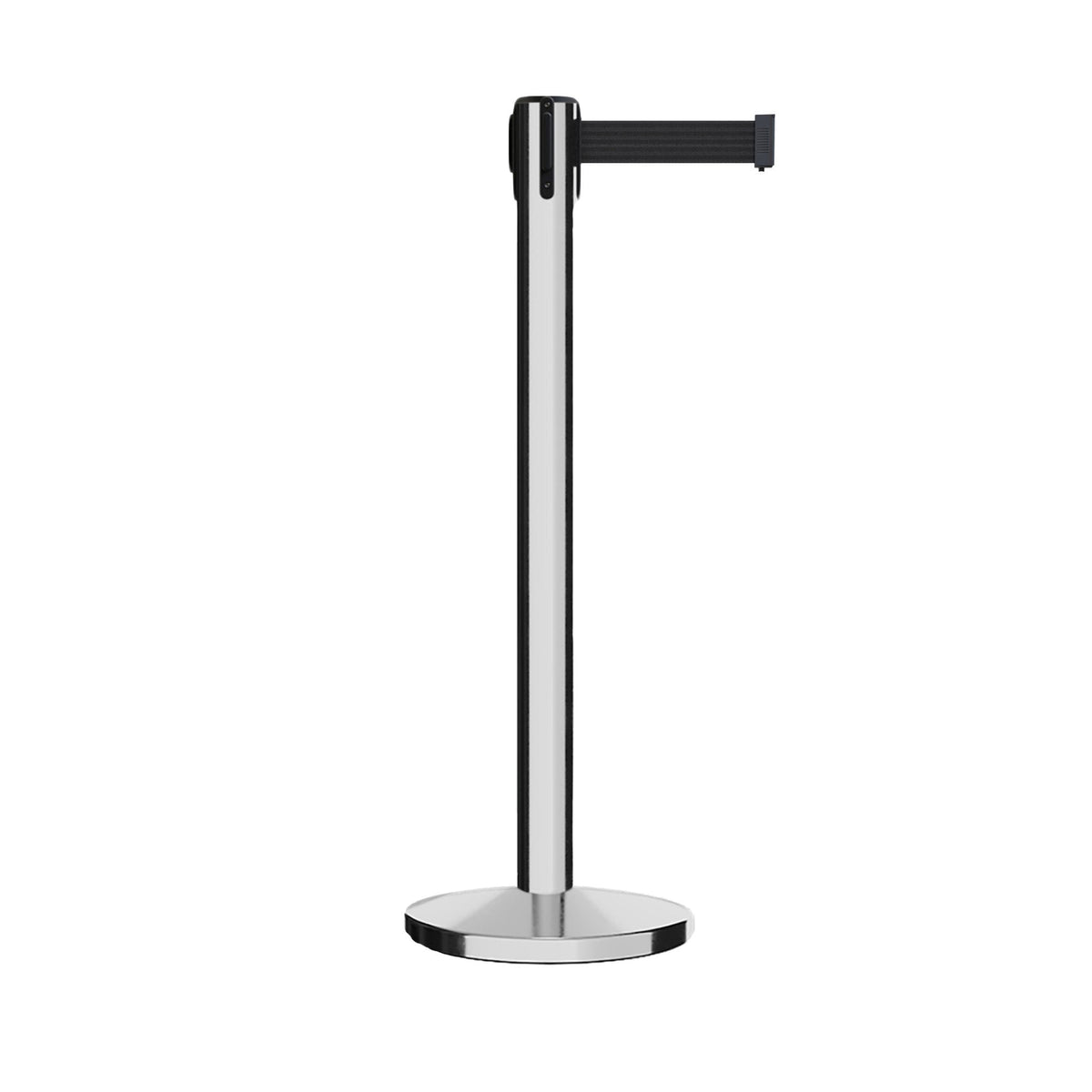 Retractable Belt Barrier Stanchion, Polished Stainless Steel Post with Heavy Duty Cast Iron Base, 16 ft Belt – Montour Line MI650 - Crowd Control Warehouse