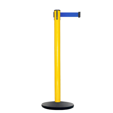 Retractable Belt Barrier Stanchion, Polished Stainless Steel Post with Heavy Duty Cast Iron Base, 16 ft Belt – Montour Line MI650 - Crowd Control Warehouse