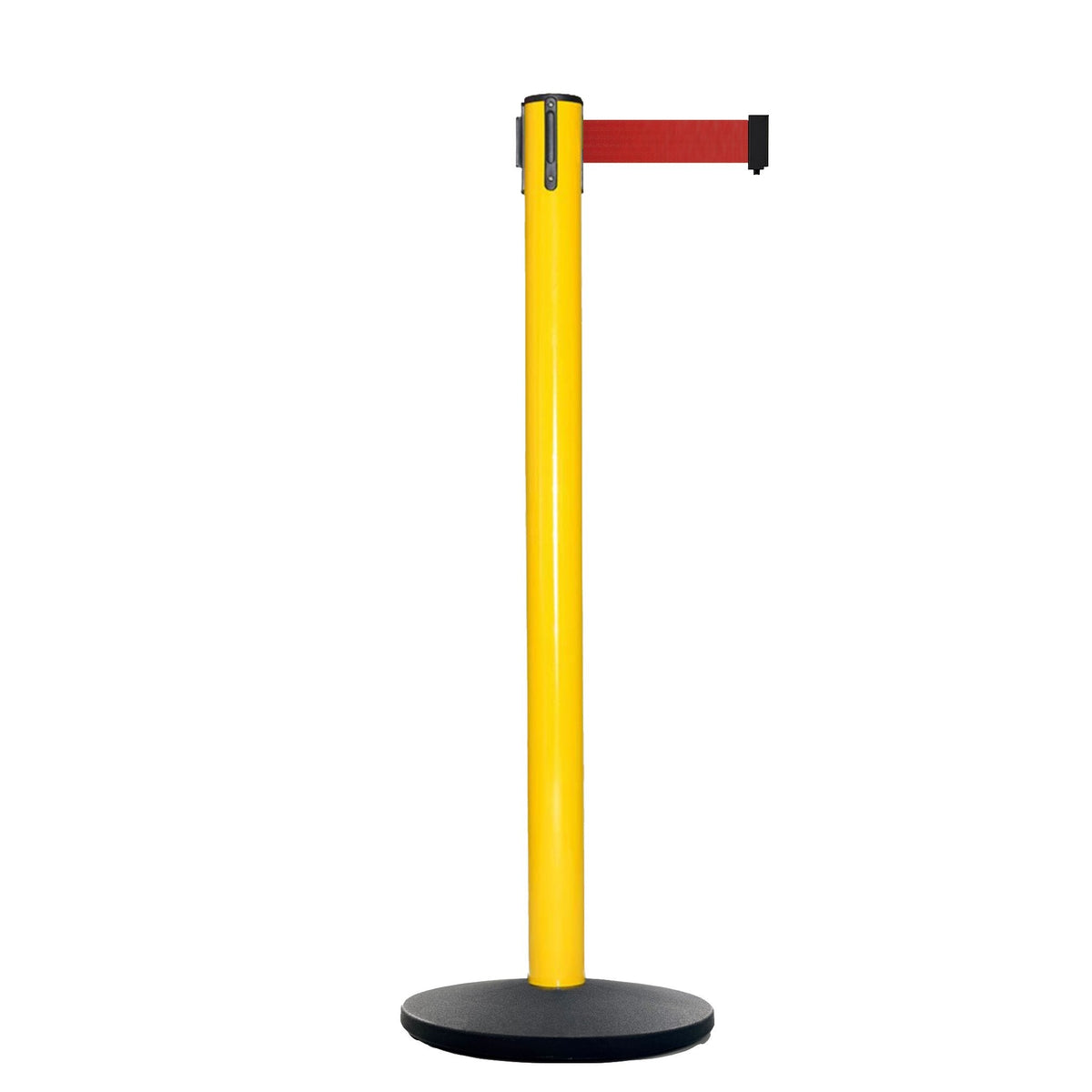 Retractable Belt Barrier Stanchion, Polished Stainless Steel Post with Heavy Duty Cast Iron Base, 16 ft Belt – Montour Line MI650 - Crowd Control Warehouse
