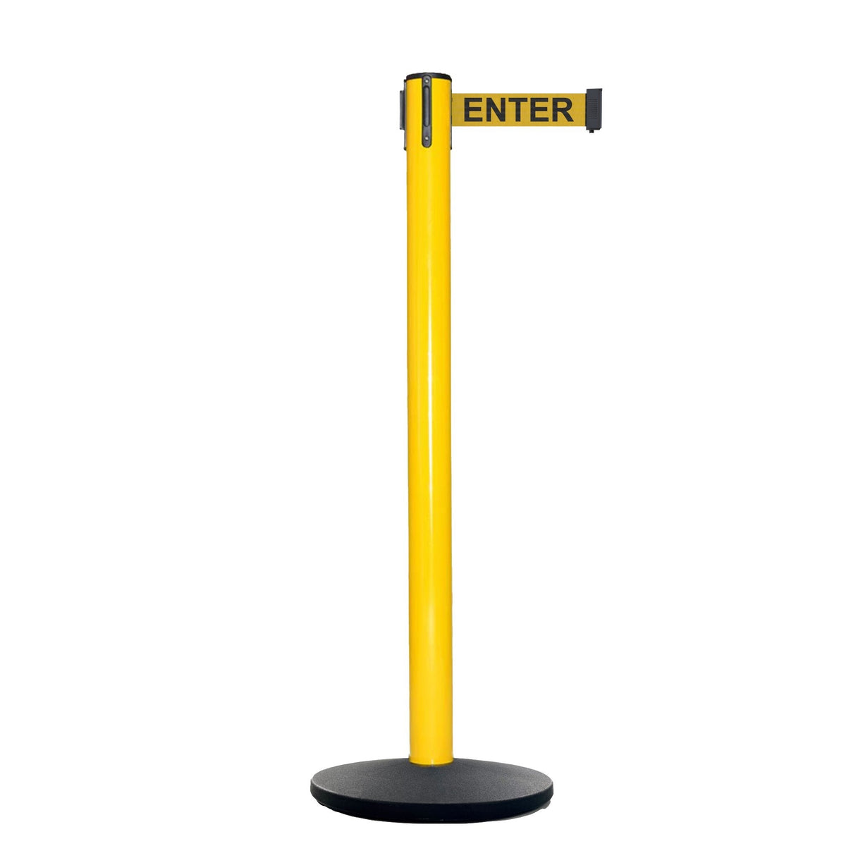 Retractable Belt Barrier Stanchion, Polished Stainless Steel Post with Heavy Duty Cast Iron Base, 16 ft Belt – Montour Line MI650 - Crowd Control Warehouse