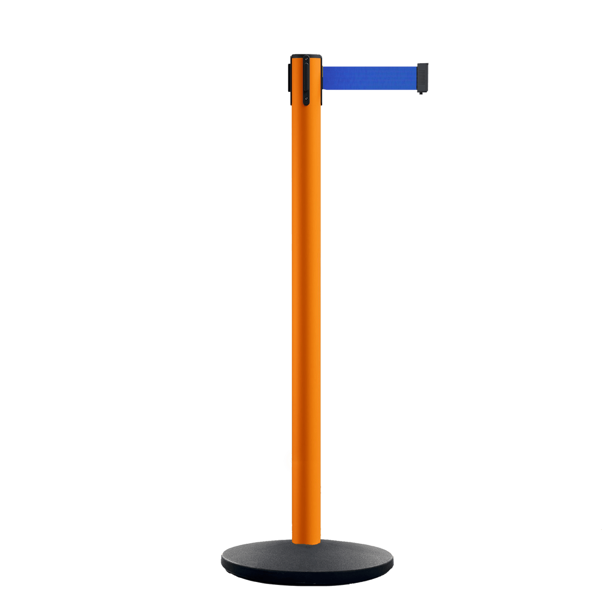 Retractable Belt Barrier Stanchion, Polished Stainless Steel Post with Heavy Duty Cast Iron Base, 16 ft Belt – Montour Line MI650 - Crowd Control Warehouse