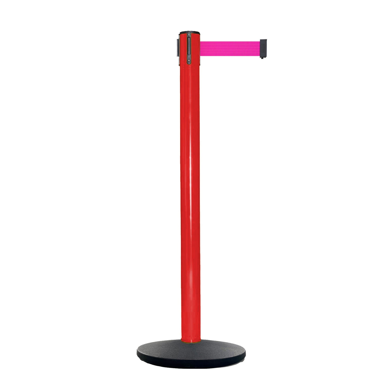 Retractable Belt Barrier Stanchion, Red Post, Cast Iron Base, 13 Ft. Belt - Montour Line MSI630 - Crowd Control Warehouse
