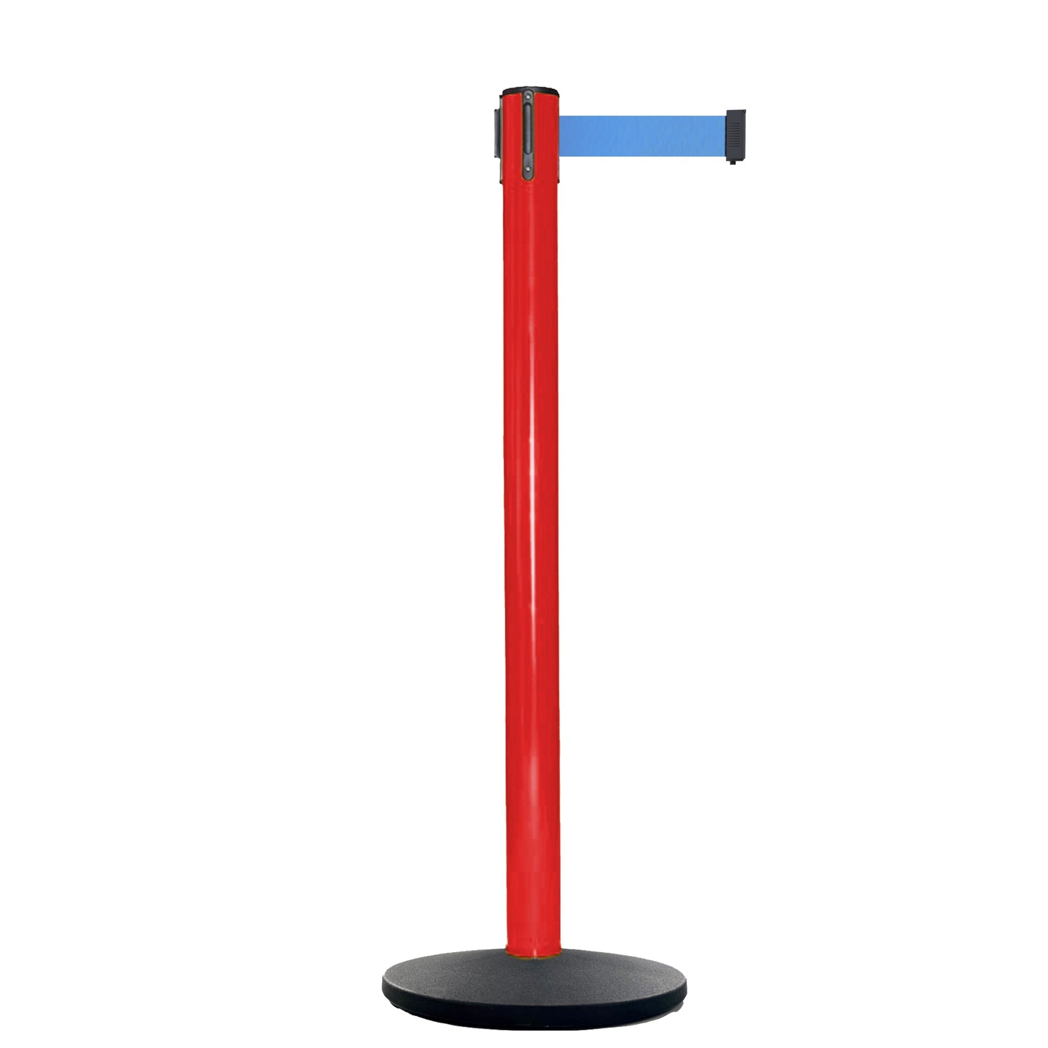 Retractable Belt Barrier Stanchion, Red Post, Cast Iron Base, 13 Ft. Belt - Montour Line MSI630 - Crowd Control Warehouse