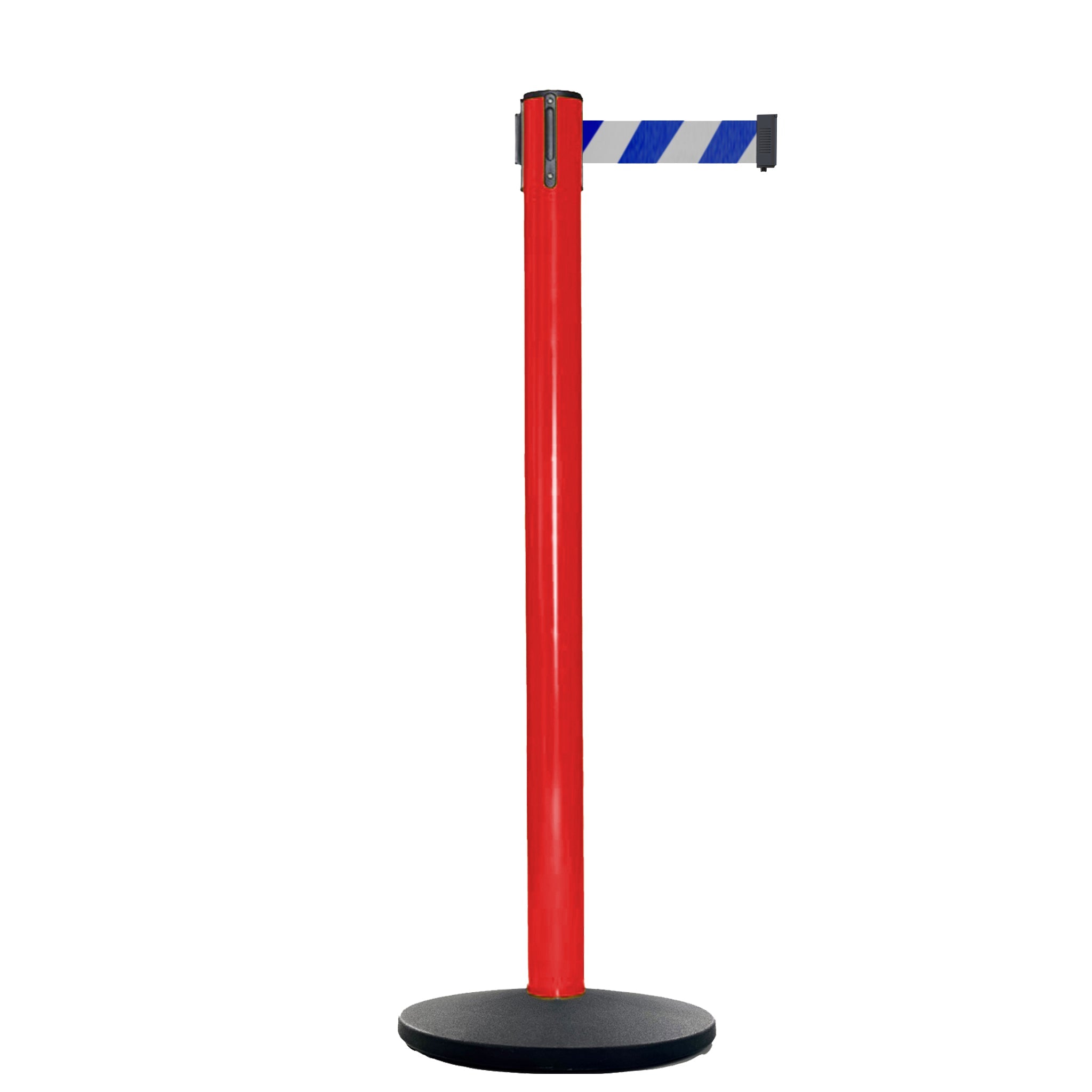 Retractable Belt Barrier Stanchion, Red Post, Cast Iron Base, 13 Ft. Belt - Montour Line MSI630 - Crowd Control Warehouse
