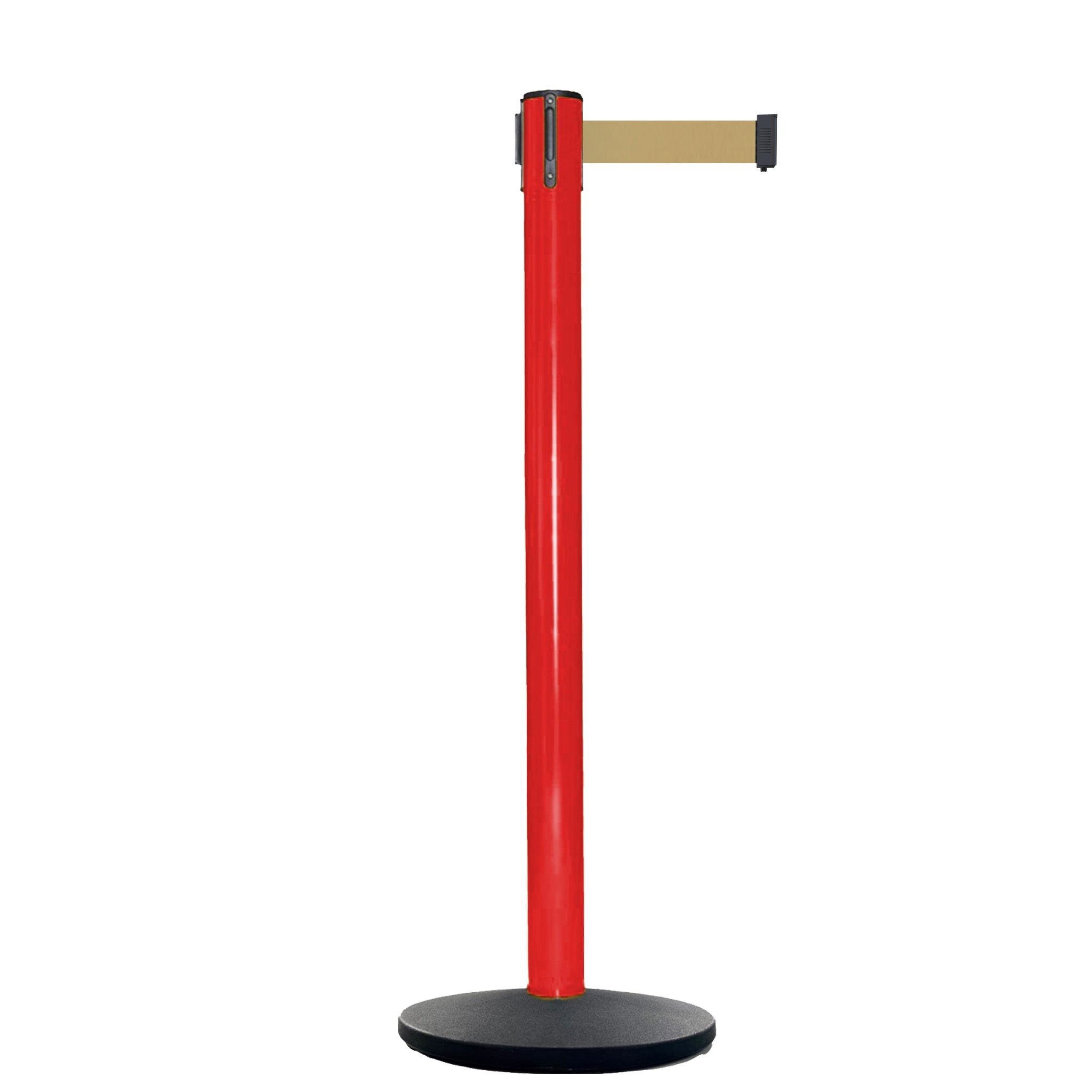 Retractable Belt Barrier Stanchion, Red Post, Cast Iron Base, 13 Ft. Belt - Montour Line MSI630 - Crowd Control Warehouse