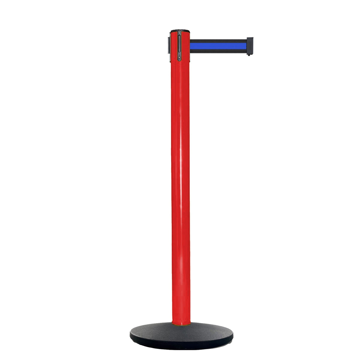 Retractable Belt Barrier Stanchion, Red Post, Cast Iron Base, 13 Ft. Belt - Montour Line MSI630 - Crowd Control Warehouse